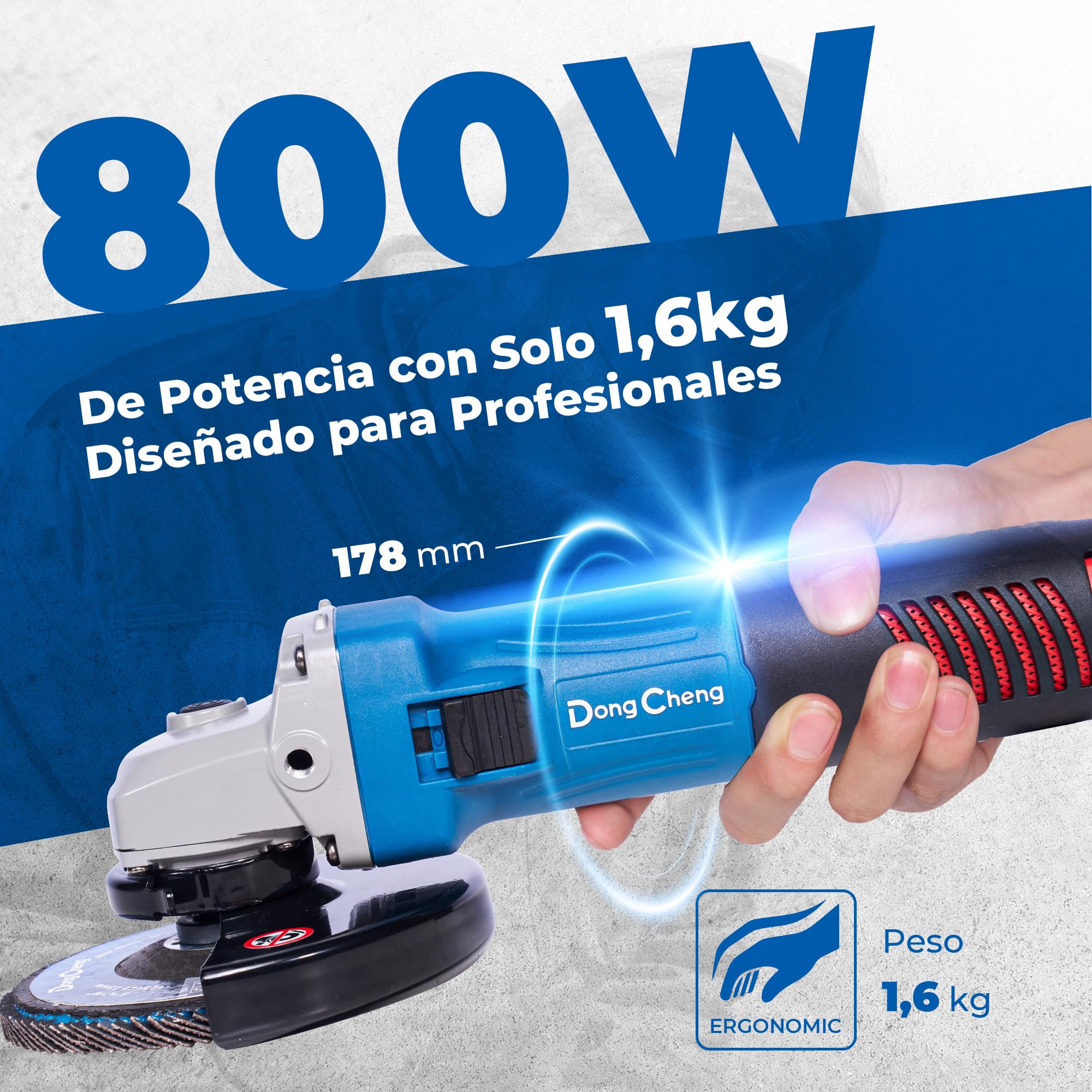 DongCheng Amoladora Angular 800W (125 mm, 11.800 rpm). Con cubierta de cierre rápido, empuñadura auxiliar e incluye 2 discos de desbaste, 2 de copa y 2 de corte. Ideal para pulir, lijar y cortar