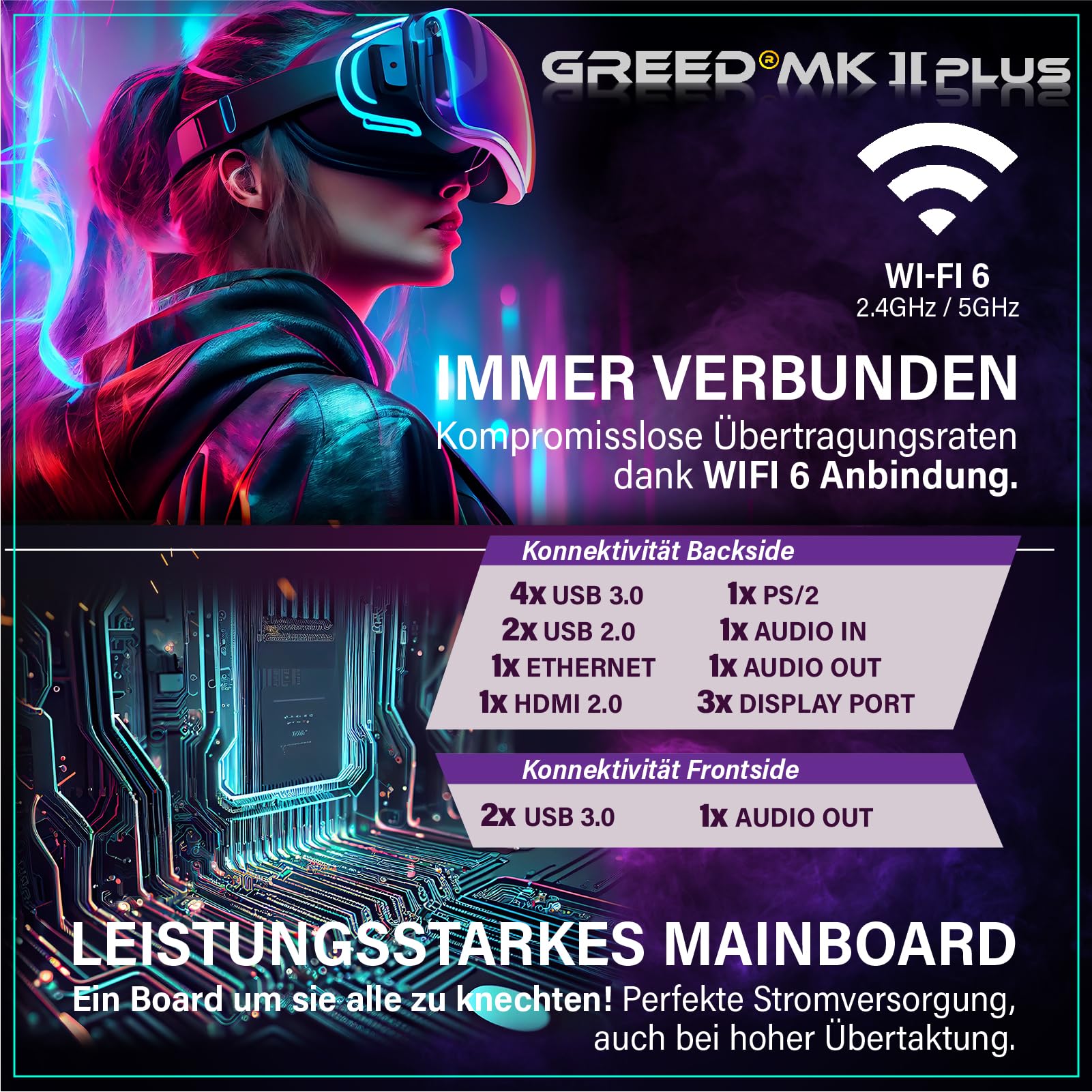 Greed® MK2 Plus - High End Gaming PC - AMD Ryzen 7 5700X + RX 9060XT 16GB - Schneller RGB Computer + 4K Raytracing Rechner mit 4,6 GHZ - 32GB DDR4 RAM - 1TB SSD + 750W Netzteil - WLAN + Windows 11 Pro