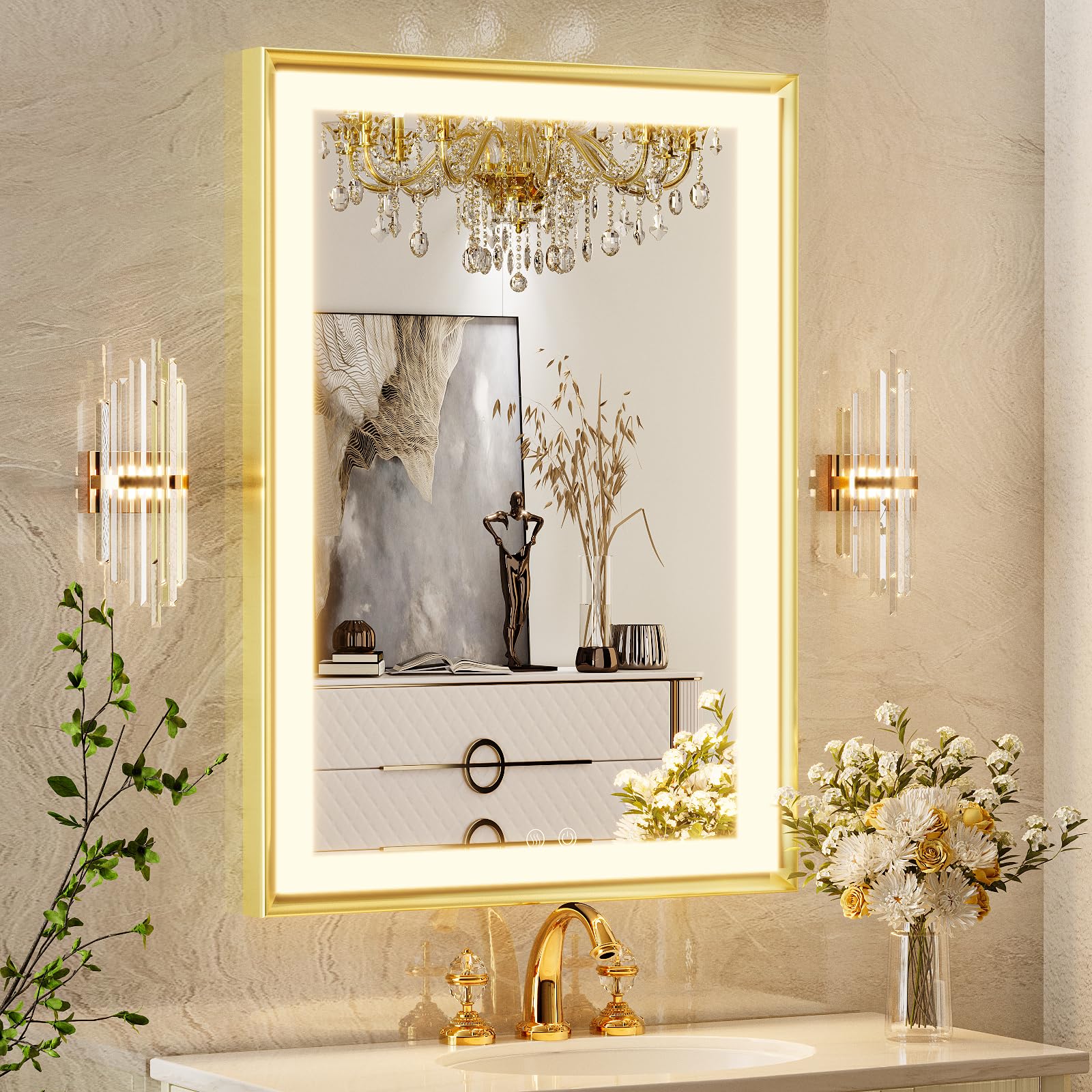 24x32 Inch LED Bathroom Mirror with Lights, Dimmable Anti-Fog Vanity Mirror,Touch Control, Gold Frame, Wall Mounted Makeup Mirror for Bathroom, Shaving, Home Decor