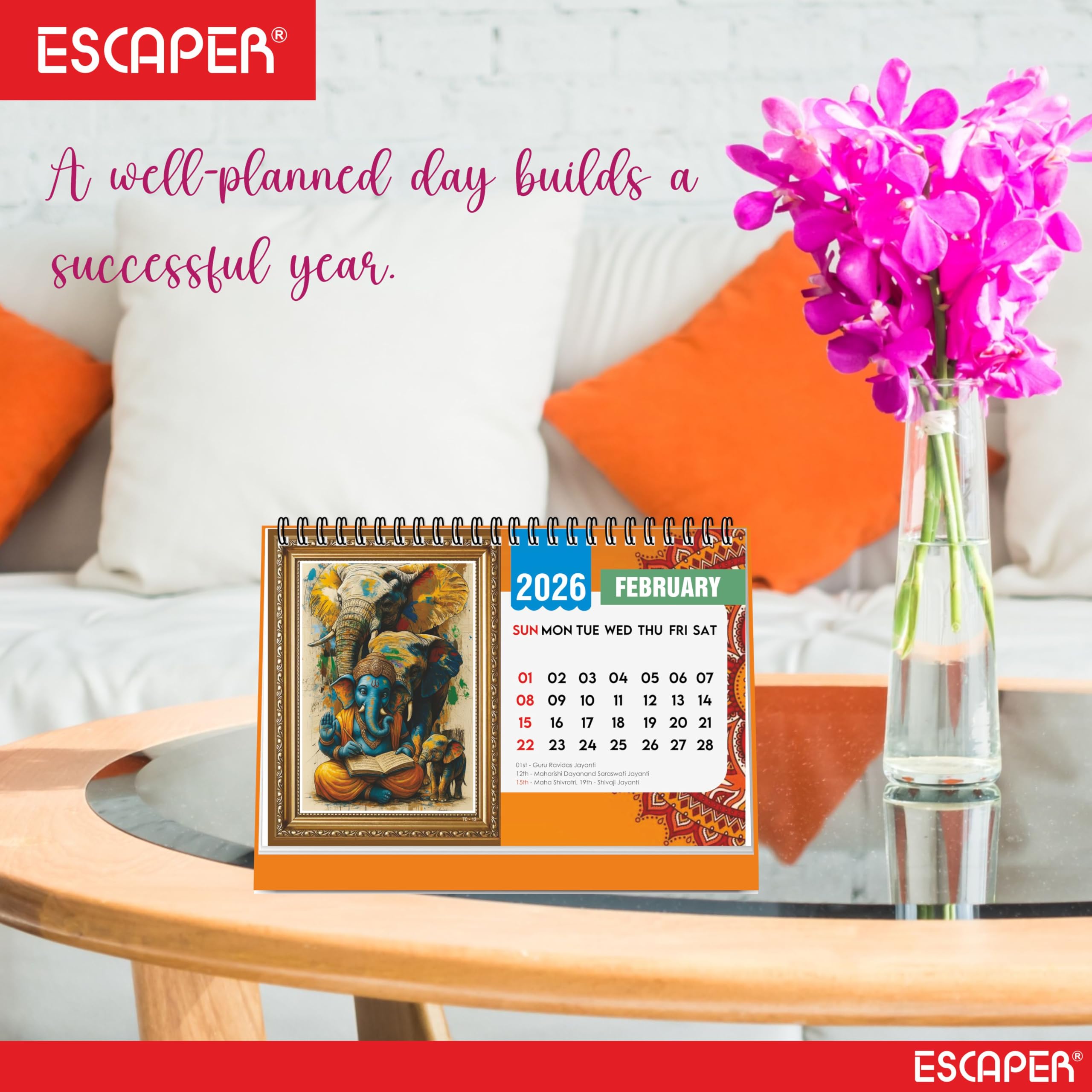 ESCAPER Lord Ganesha Stehender Flip-Desktop-Kalender 2024, 12 Monatsseiten mit dickem Papier, Doppeldrahtbindung, Tischkalender 2024 (A5, 21,6 x 14,0 cm)