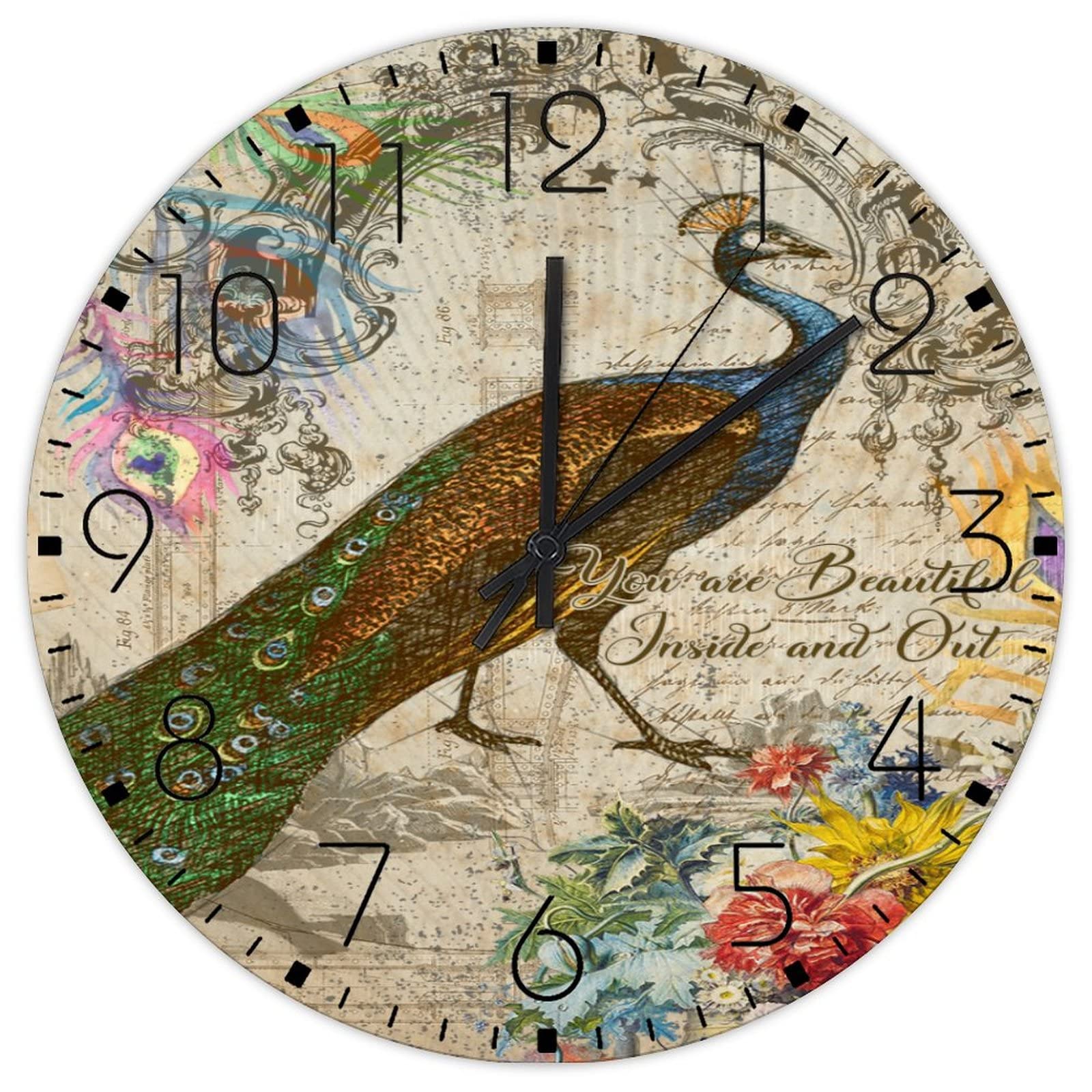 Horloge murale silencieuse pour chambre, cadran bois paon et fleurs lisible sans tic-tac