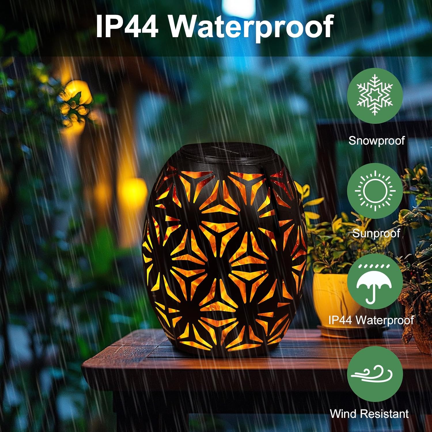 Outdoor Solar Table Lantern Waterproof Black Flower Hollowed-Out Solar Metal Light Dancing Flickering Flame LED Garden Light Decorative Table Lamp for Outside Patio Porch Lawn Pathway