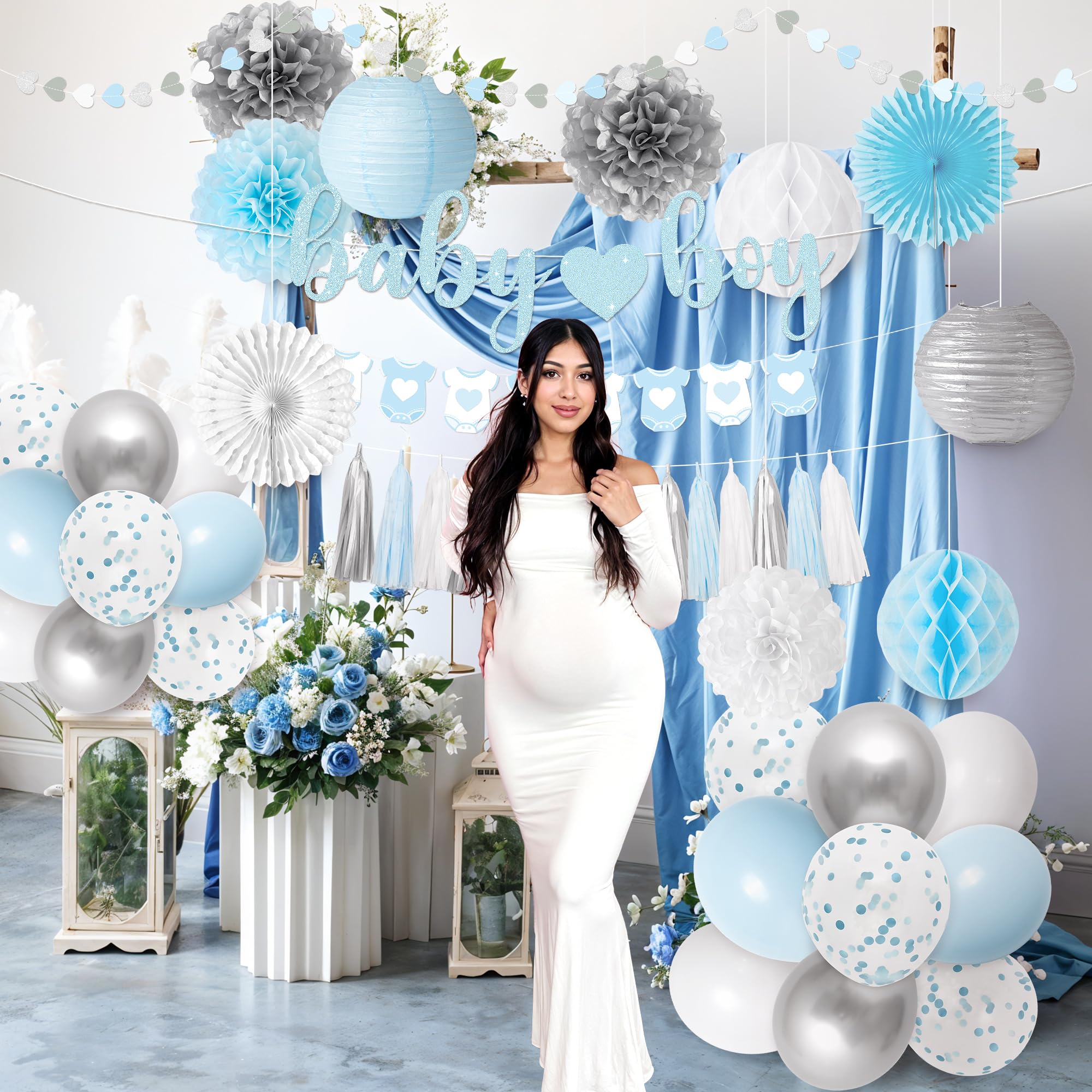 Kriyokiaa Baby Boy Shower Decorations 16 Pcs Blue Baby Shower Decorations for Boy with Banner, Confetti Balloons, Paper Pom Poms Lantern, Cake Topper Perfect for Indoor & Outdoor Party Decor