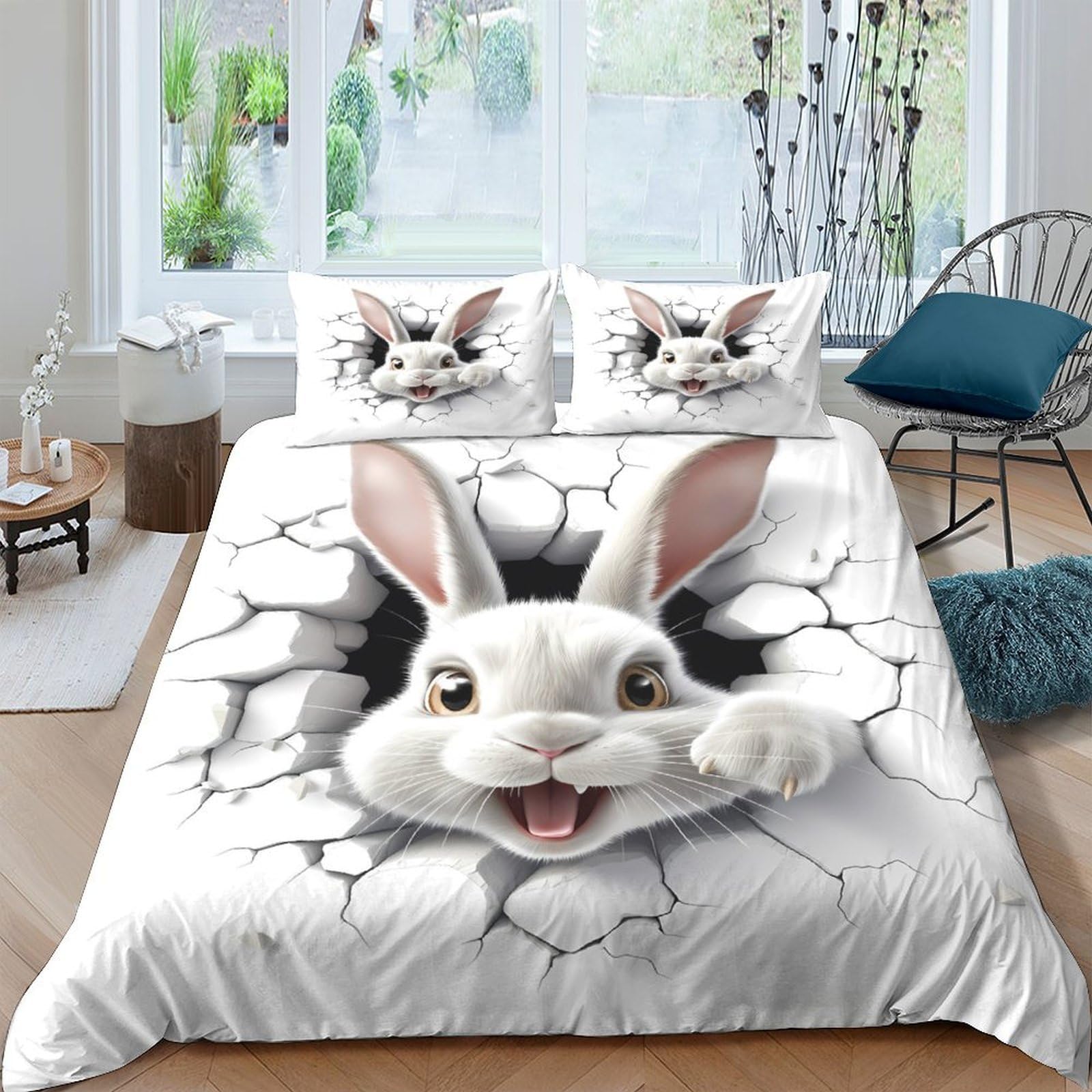 Ctjqhvkz Style-6 3D Printed Cartoon Bunny Fitted Sheet Microfiber Cute Cracked Wall Bed Cover For Bedroom Dorm Decorative Protection Single（135X200cm）
