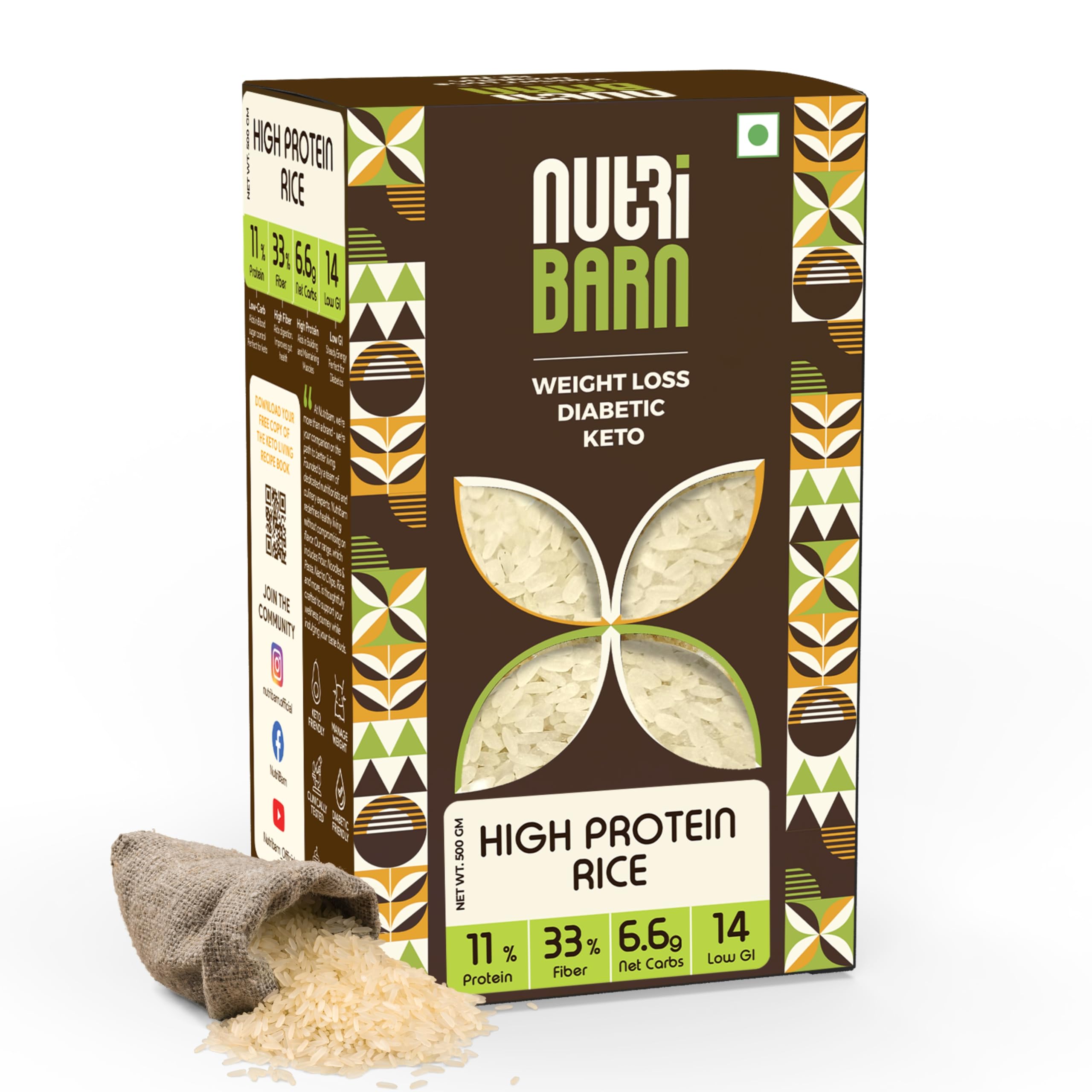 Nutribarn High Protein Low Carb Rice 500 Gms | 11% Protein | 6.6g Net Carbs | Lab Tested Low GI 14 | Diabetic Friendly, Weight Management High Fiber Rice | 500g (1 Pack)