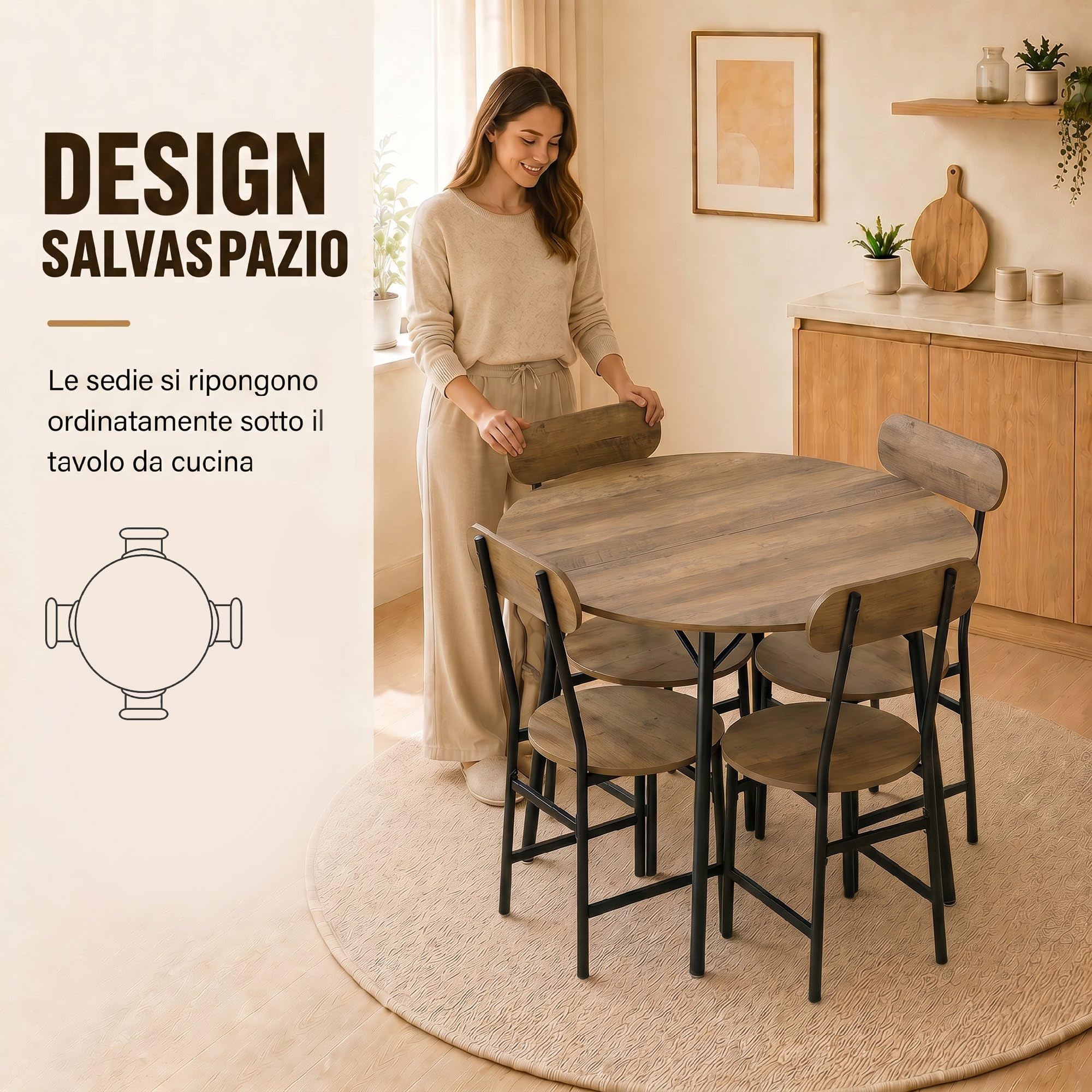 HOMCOM Set Tavolo e Sedie Sala da Pranzo 5 Pezzi, Set da Pranzo per 4 Persone Industriale con Tavolo Cucina Rotondo Effetto Legno e 4 Sedie Salvaspazio, Gambe Metallo, per Soggiorno Cucina Color Legno