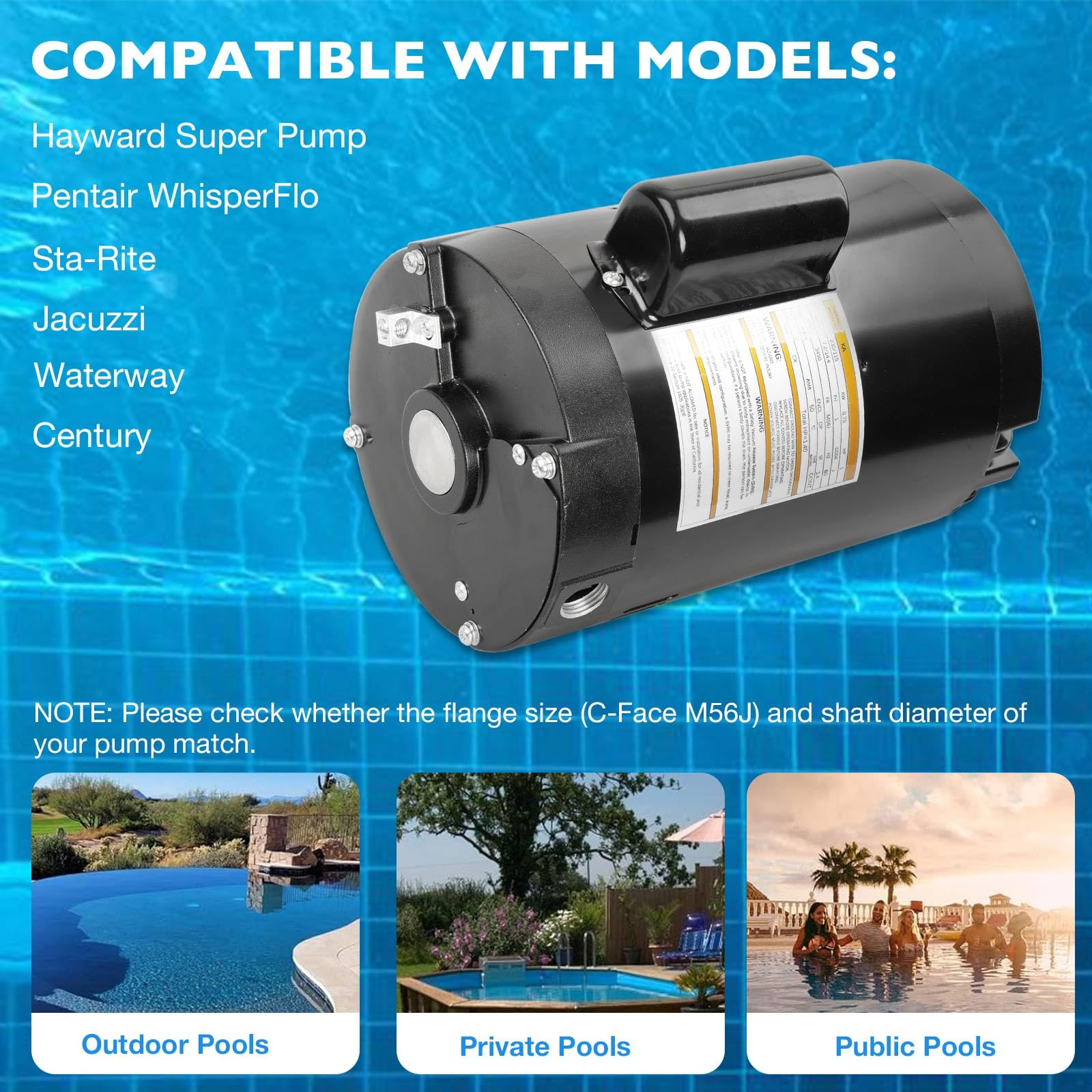 B128 C-Face Pool Pump Motor, M56J Frame,1 HP, 3450 RPM,115/230V