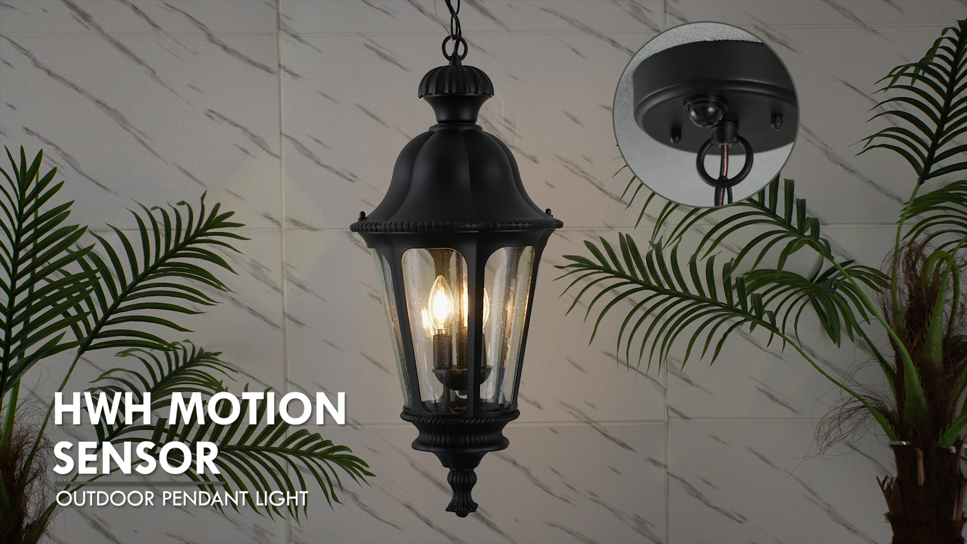 Image of Motion Sensor Outdoor Hanging Light, HWH 360 Detection Outdoor Pendant Light for Porch, Exterior Hanging Lantern with Seeded Glass, Matte Black Finish, 5HW90H-L-SE BK