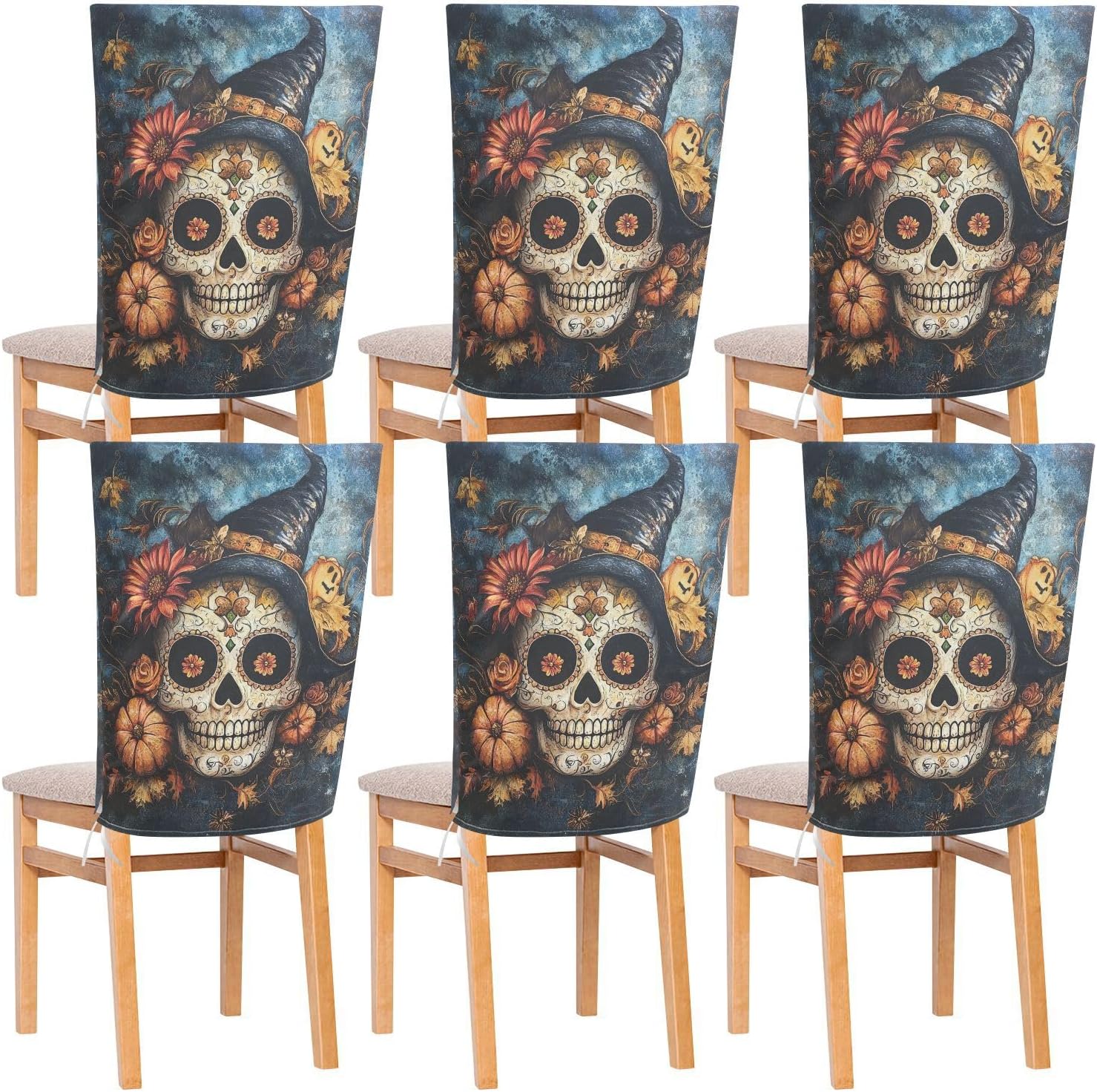 ALAZA Sugar Skull Pumpkins Chair Back Cover Set of 6, Washable Reusable Removable Chair Slipcovers Decorative Chair Cover for Home Kitchen Wedding Party