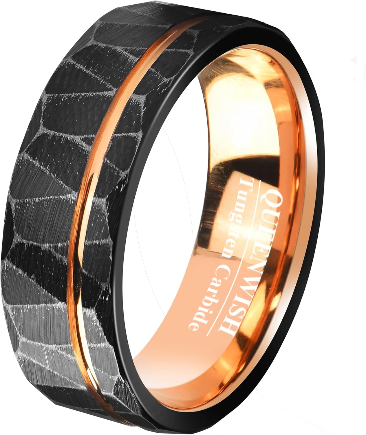 Black Meteorite Tungsten Wedding Bands Hammered Wedding Rings with Meteorite Fragments & Gold Foil Inlay – 8mm Faceted Ring Brushed Comfort Fit for Anniversary or Engagement Size 6-13 - Image 2