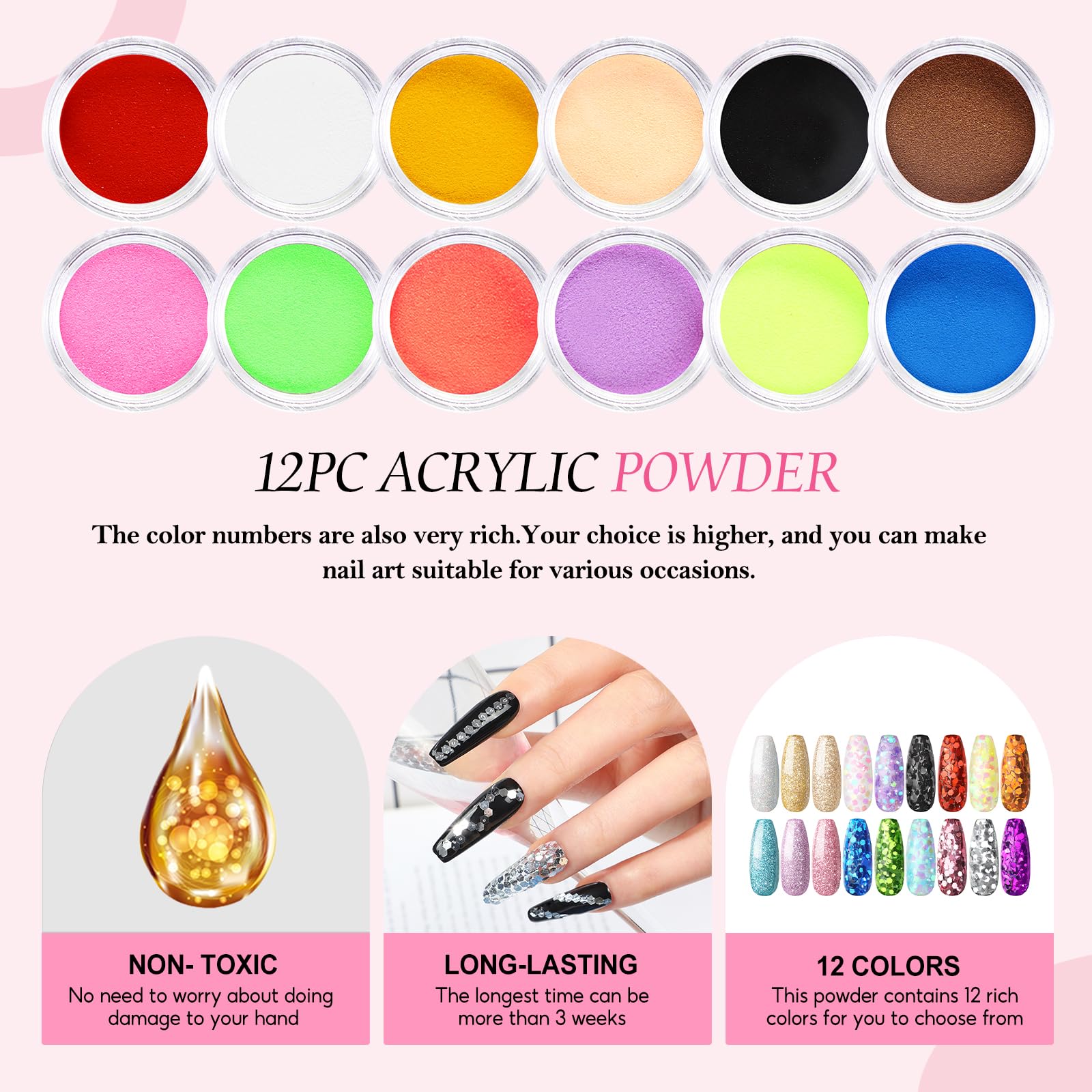 Peacecolor Kit Polvo Acrilico para Uñas con Lampara Uñas,15 Colores Acrilico para Uñas Profesional con 30ML Liquido para Uñas Acrilicas Base y Top Coat,Uñas Acrilicas Kit Completo para Uñas Extensión