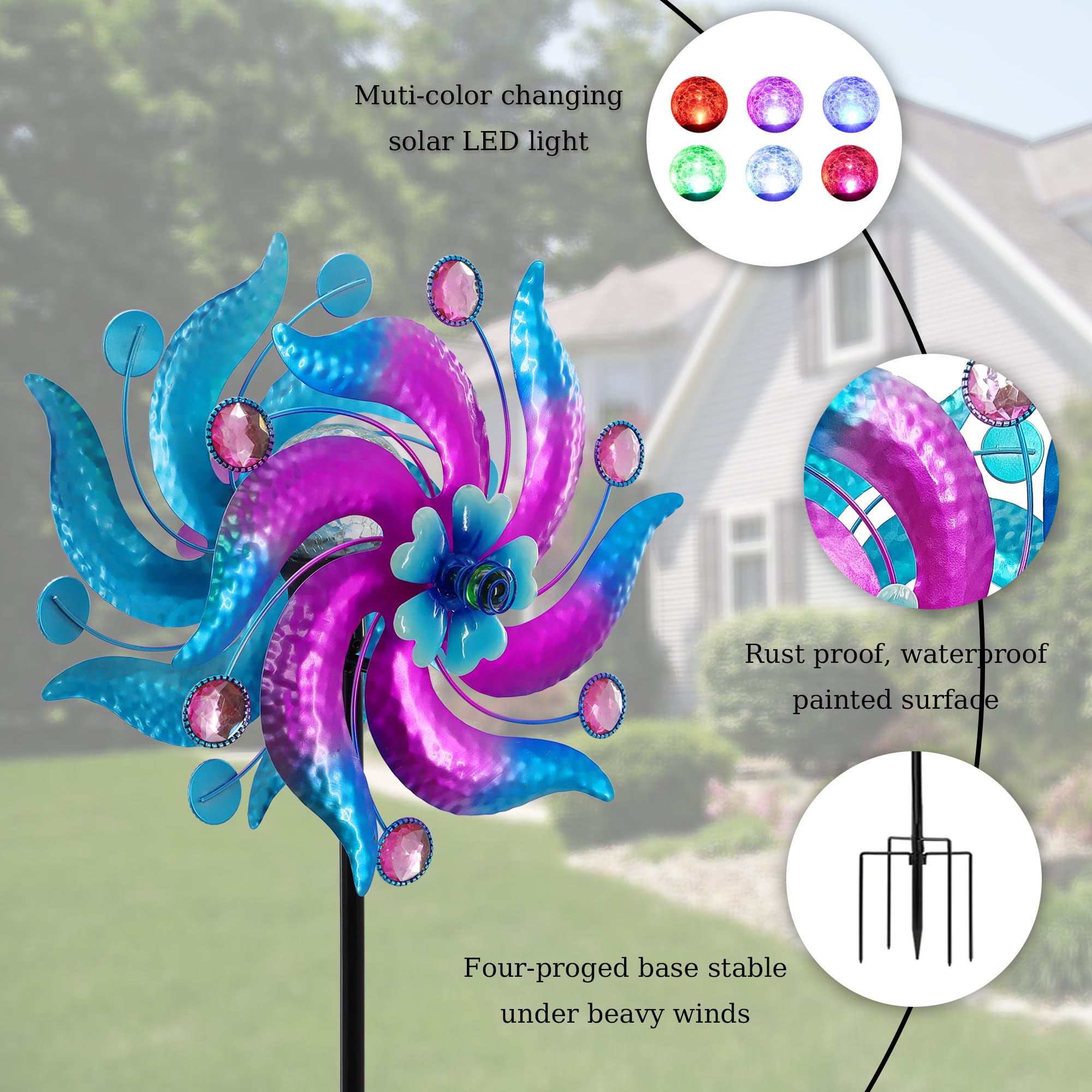 Solar Wind Spinner ze zmieniającymi się kolorami światłami LED, metalowy palik ogrodowy, niebieski i różowy wzór kwiatowy, 6 trzaskających globusów