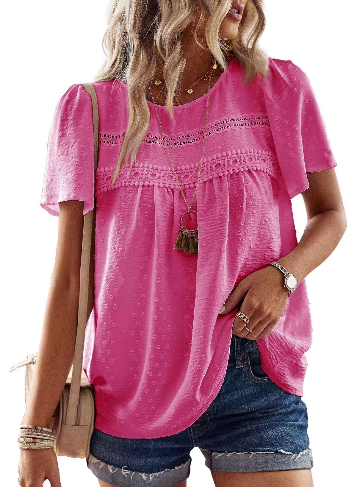 TUUHAW T-Shirt da Donna Pizzo Manica Corta Magliette con Scollo Estive Camicia Casual Abbigliamento Boho Top Maglie Tunica