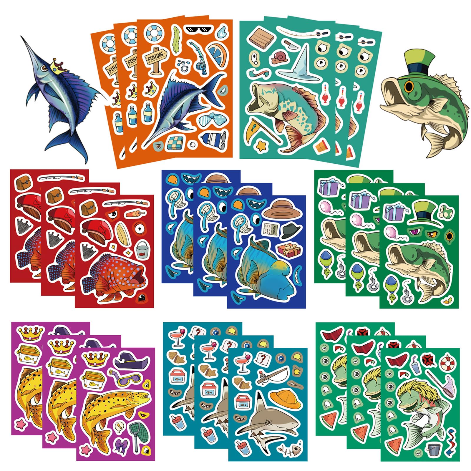 Theme Vinyl Stickers 24 Pcs Self Adhesive Decals Multiple Surface Design Fishing Cartoon Stickers for Tablet Laptop