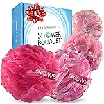 SHOWER BOUQUET Pink-Loofah Bath-Sponge XL 4-Pack // Extra Large 75g Soft Mesh Net Pink Loofa Loufa Luffa Lufa Puff Set/Exfoliating Body Scrubber for Women and Men - Exfoliate & Soothe Face & Body
