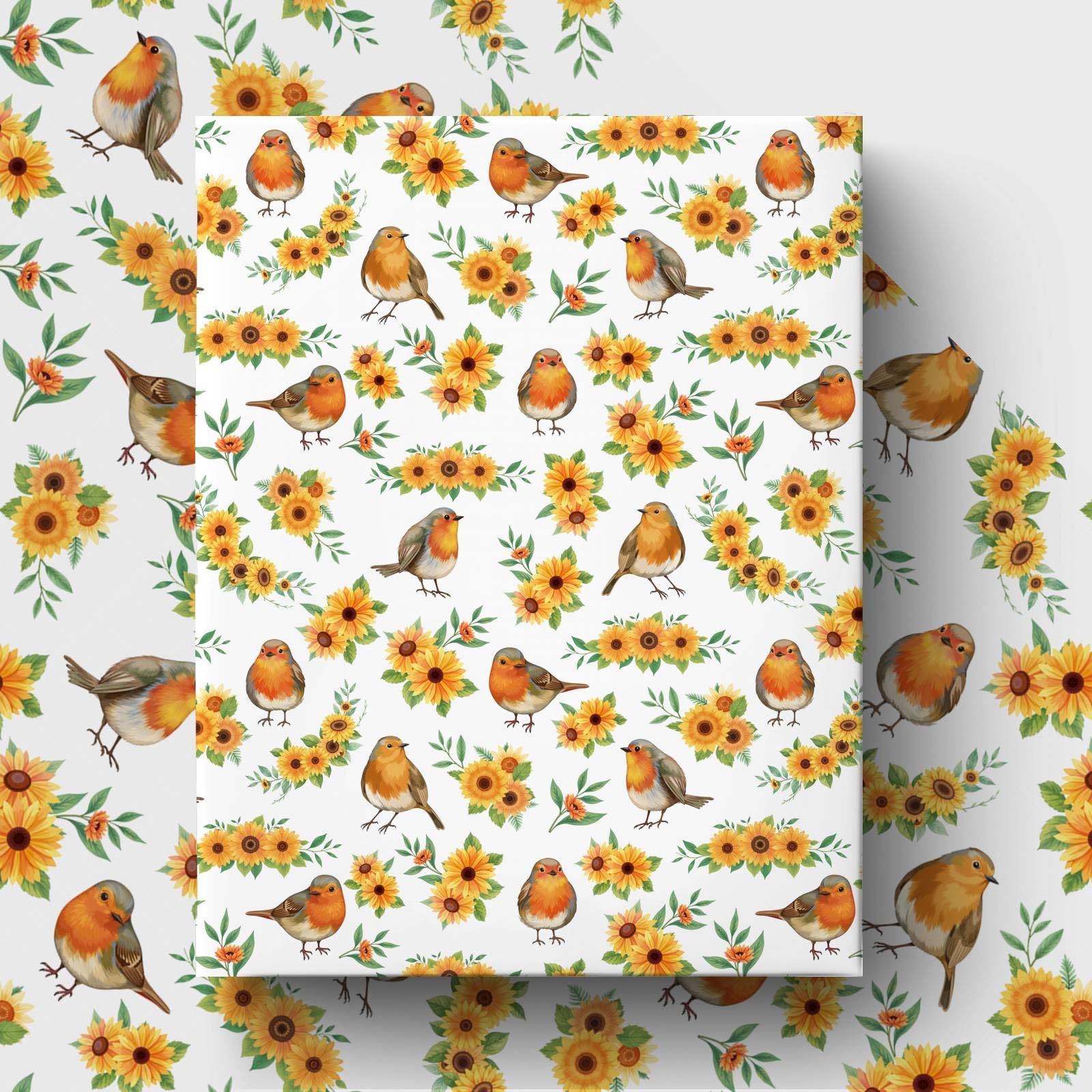 GleeWrap Robin Bird Wrapping Paper, 4 Sheets Robin & Sunflower Design, Foldable Flat Gift Wrap,50x70cm Premium Paper for Birthday,Wedding,Anniversaries & All Special Gifting Occasions