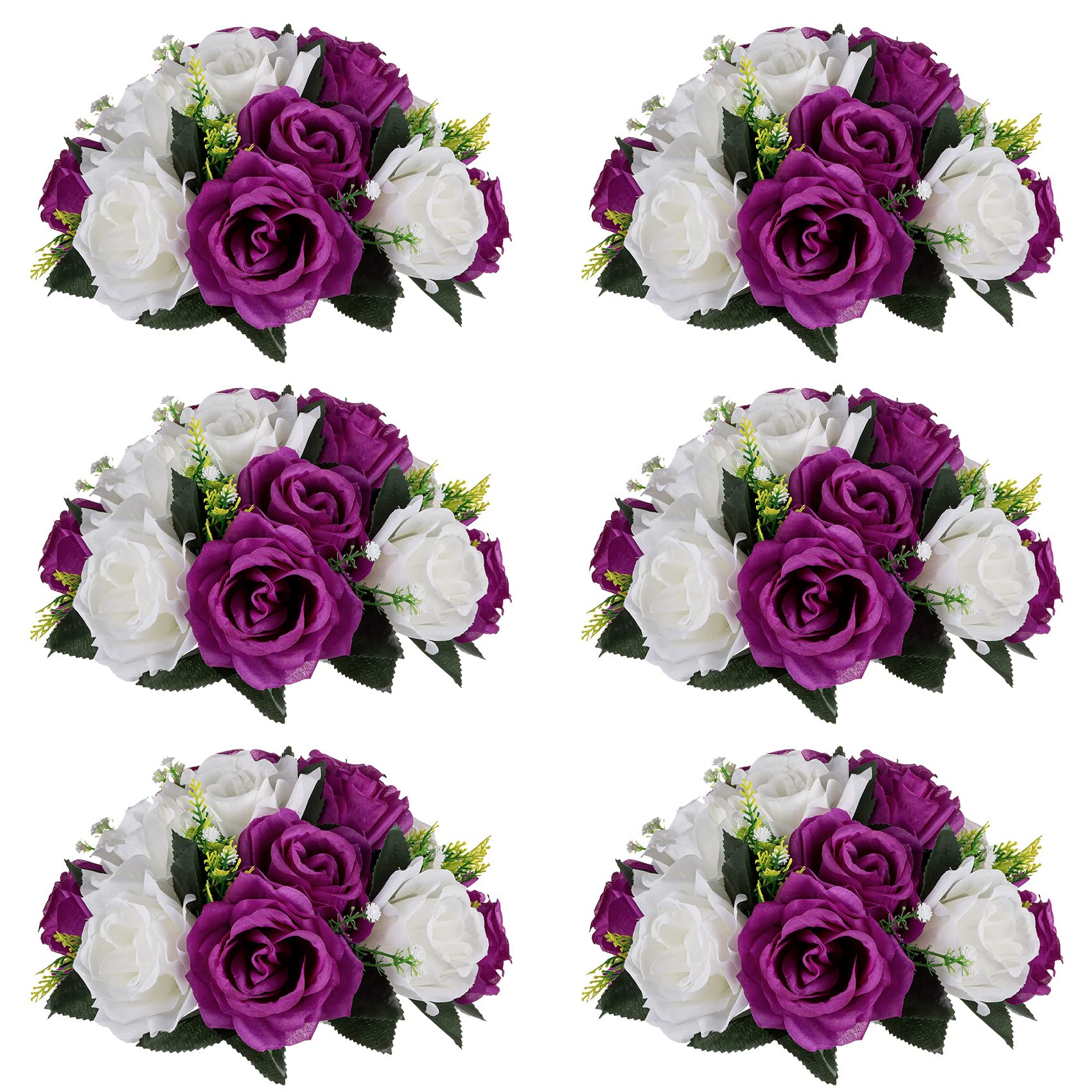 Nuptio, 6 Pack Fake Flowers with 15 Plastic Roses with Base, Suitable for Wedding Centerpieces Party Valentine's Day Home Decor (Purple and White) — image 1