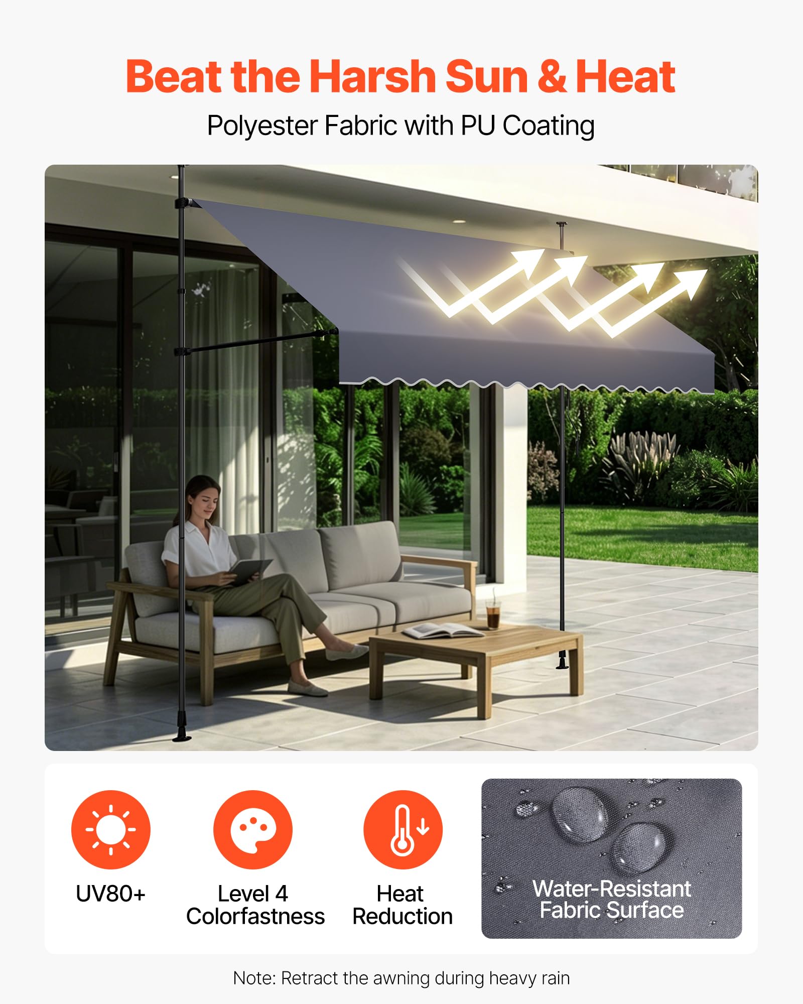 VEVOR Tenda da Sole Retrattile Manuale 300 cm per Esterni da Patio, Tendalino Parasole Retrattile, Grigio Scuro, Altezza Regolabile, con Manovella, per Protezione Cortile Giardino Balcone Terrazza