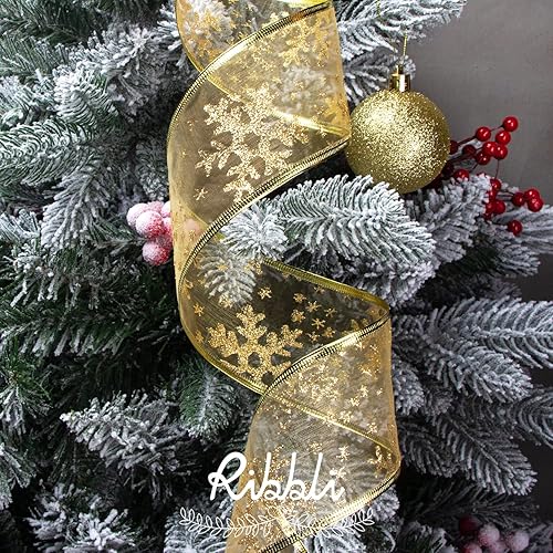 Miniatura 3 de Ribbli Cinta dorada para árbol de Navidad, cintas con alambre con purpurina para árbol, manualidades, envoltura de regalos, coronas, guirnaldas,