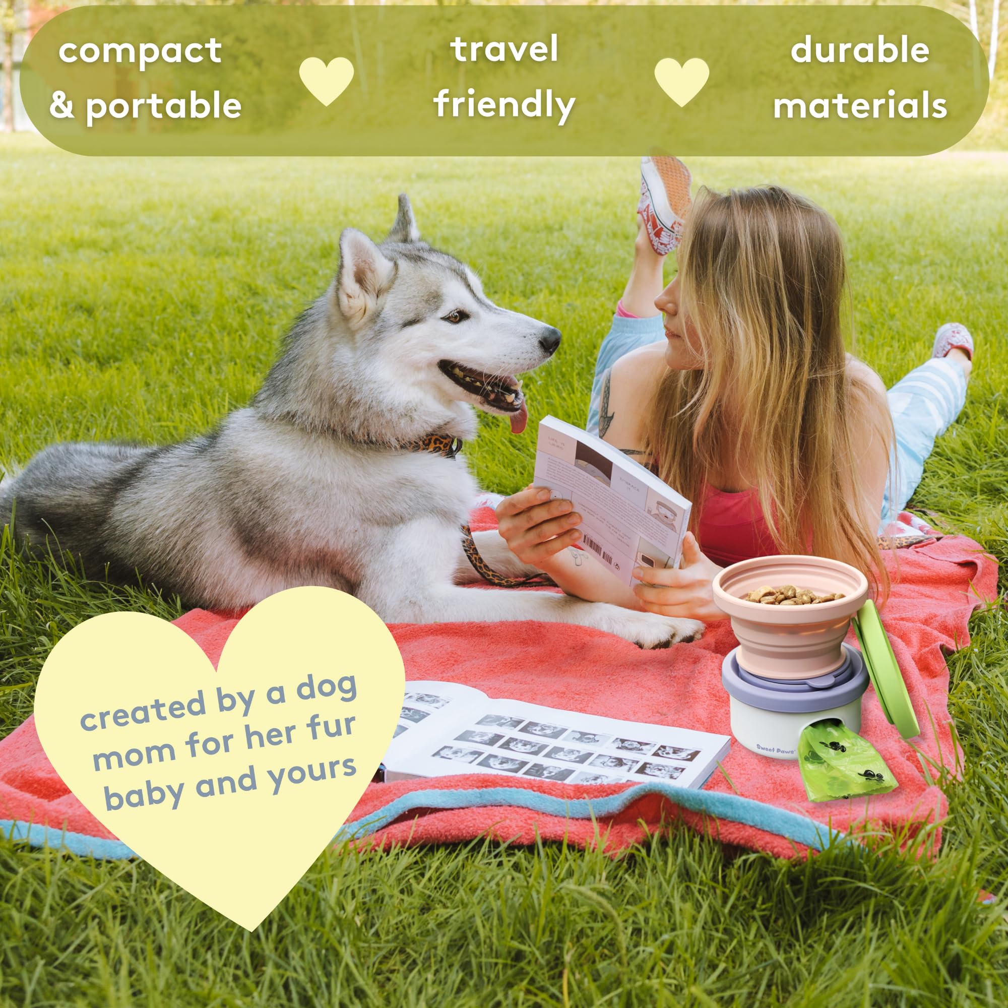Sweet Paws Travel Hero Récipient portable 3 en 1 pour nourriture pour animaux de compagnie, bol d'eau en silicone et distributeur de sacs à déjections canines en un, rose pâle