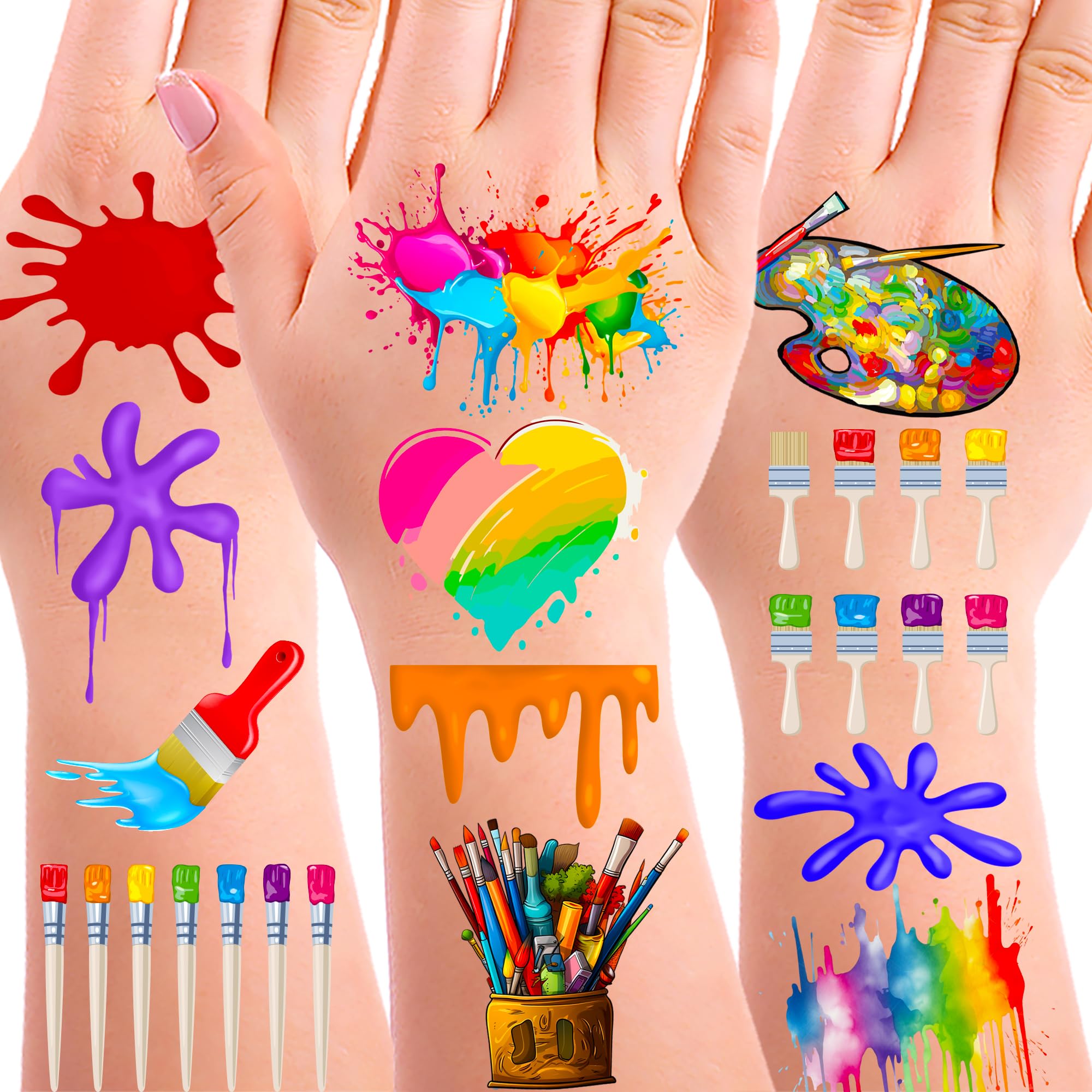 168PCS Art Tattoos Temporary Stickers Suitable for Rainbow Slime/Art Paint Themed Birthday Party Favors Supplies Decorations Goodie Bag Stuffers (24 Sheets)