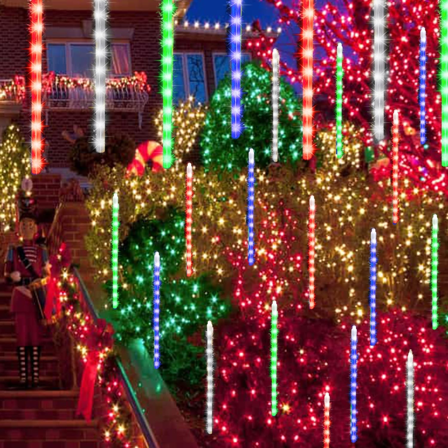 LJLNION Meteor Shower Lights, 12 Inch Outdoor Icicles Christmas Lights, 8 Tubes 288 LED Iciclelights Snow Falling Light, Connectable Raindrop Light, Xmas Wedding Party Tree Holiday Decor, Multicolor