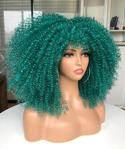 Miniatura 2 de CURLCRAZY Peluca rizada de 16 pulgadas con flequillo para mujeres negras peluca rizada corta rizada afro verde verde