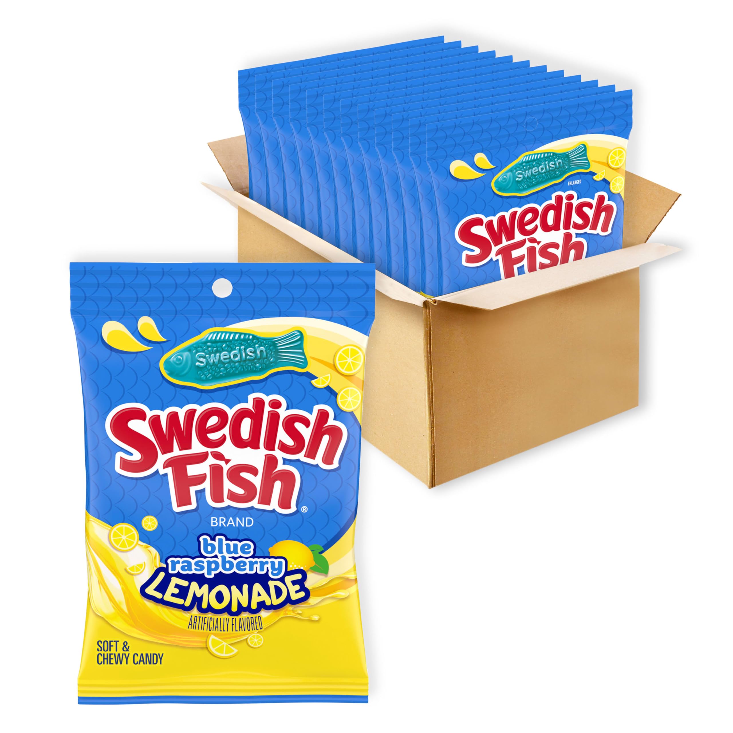 Swedish Fish Blue Raspberry Lemonade Soft & Chewy Gummy Candy, Bulk Candy, 12-8.04 oz Bags