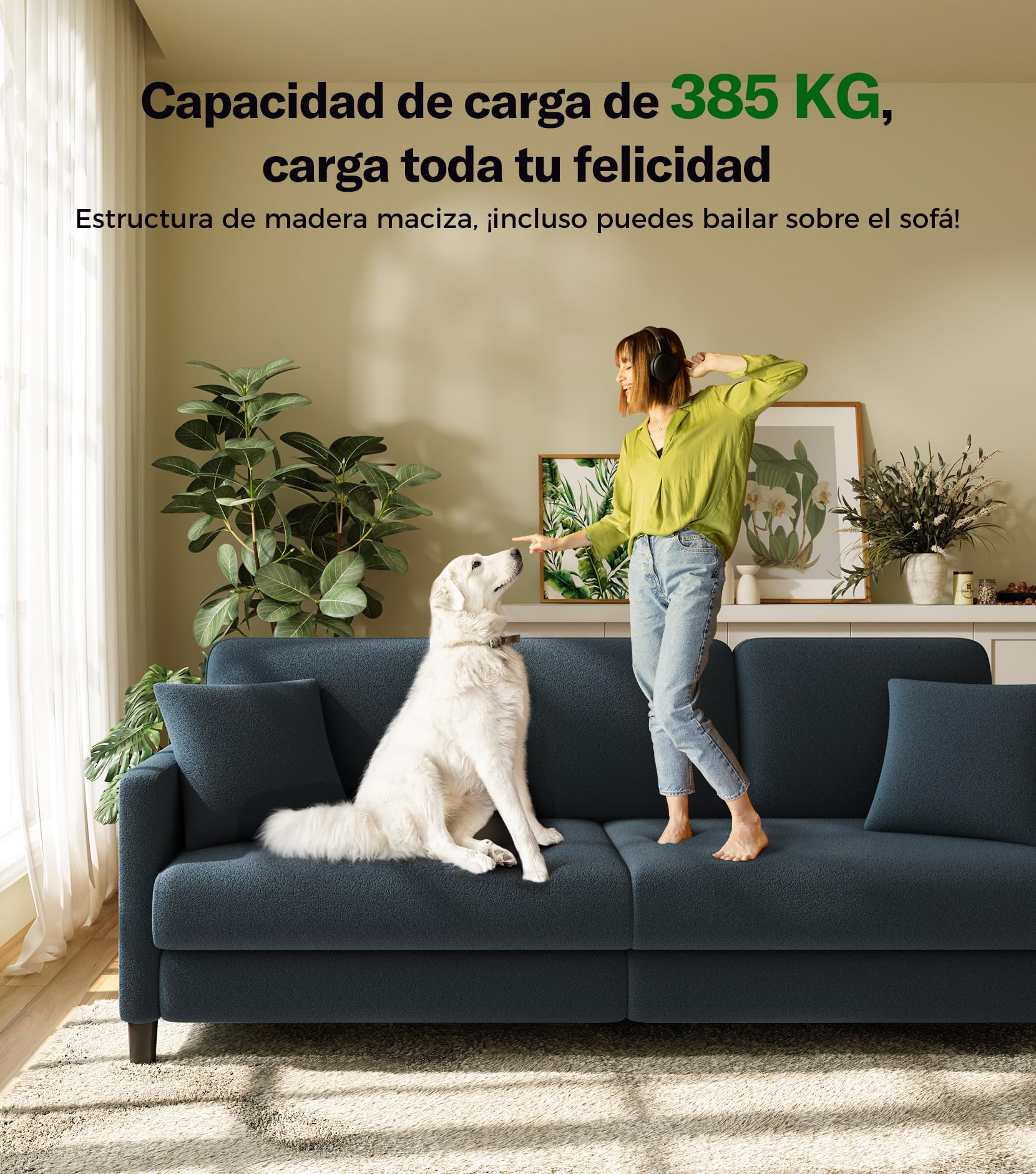 Welzona Sofá de 211 cm, 3 plazas, cómodo Forro Polar de Peluche, sofá de construcción sin Herramientas, pequeño con 2 Cojines incluidos, Azul
