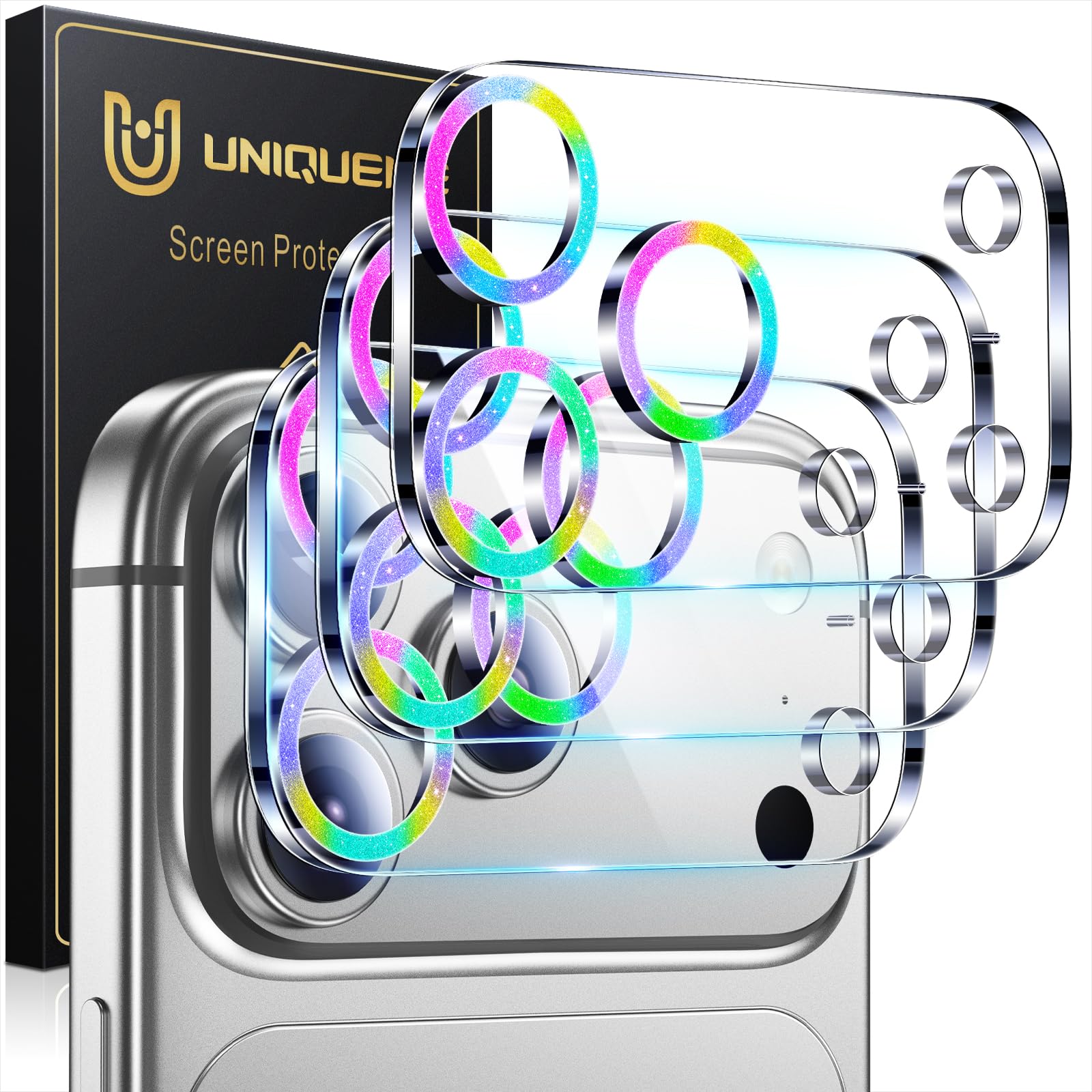 UniqueMe für iPhone 17 Pro Kameraschutz - [Kratzfest, Stabil] Ultra-Klar 9H Härte Kameraschutz für iPhone 17 Pro Kamera Schutz [3 Stück] - Diamant Regenbogen
