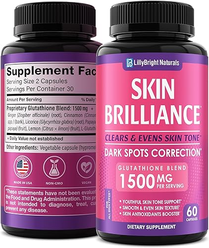 Cápsulas de glutatión - Suplemento de L-glutatión de 1,500 mcg con vitamina C - Potenciador del tono de piel - Apunta a manchas oscuras y marcas