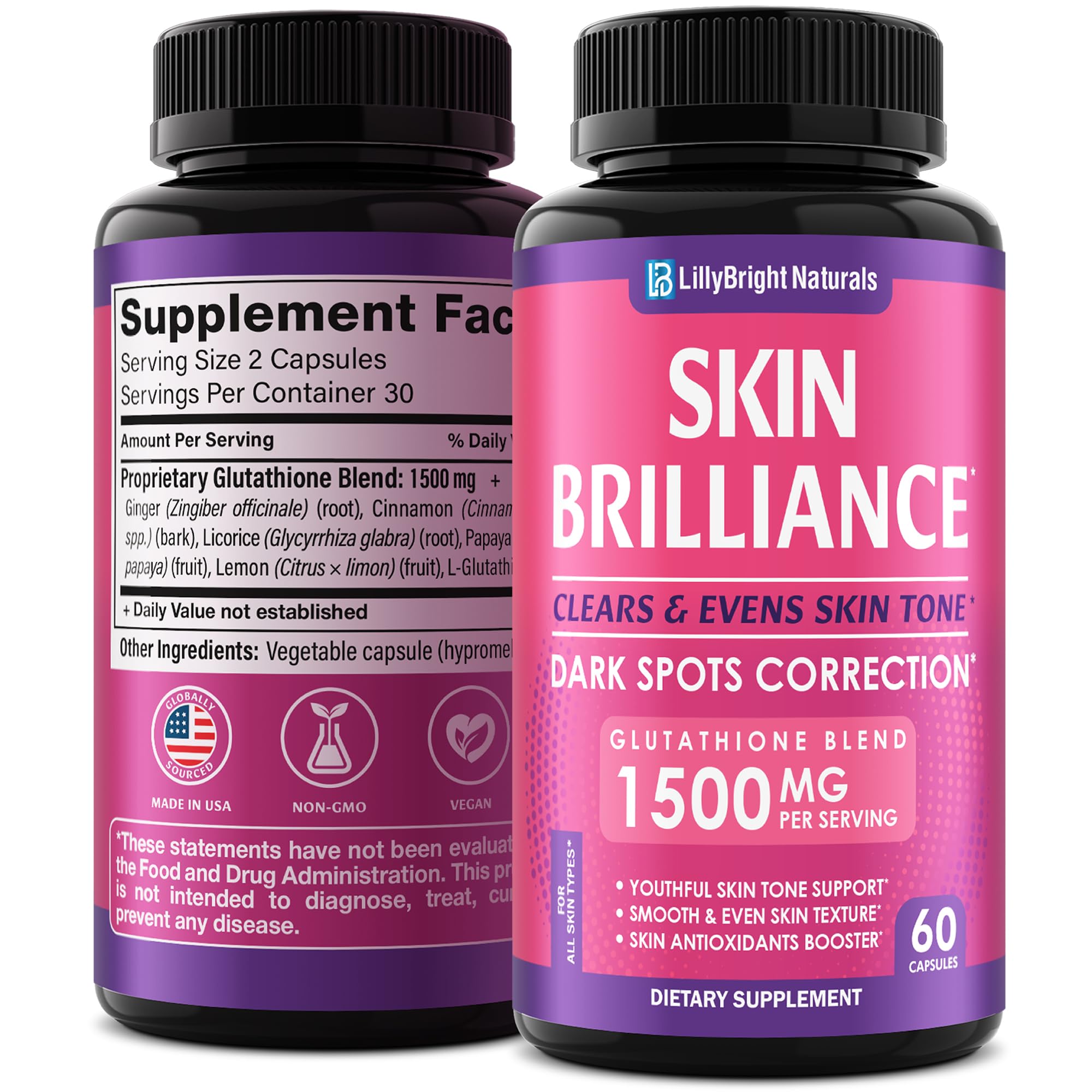 Glutathione Capsules - 1,500mcg L-Glutathione Supplement with Vitamin C - Skin Tone Enhancer - Targets Dark Spots & Acne Marks - Potent Antioxidant - 60 Skin Pills