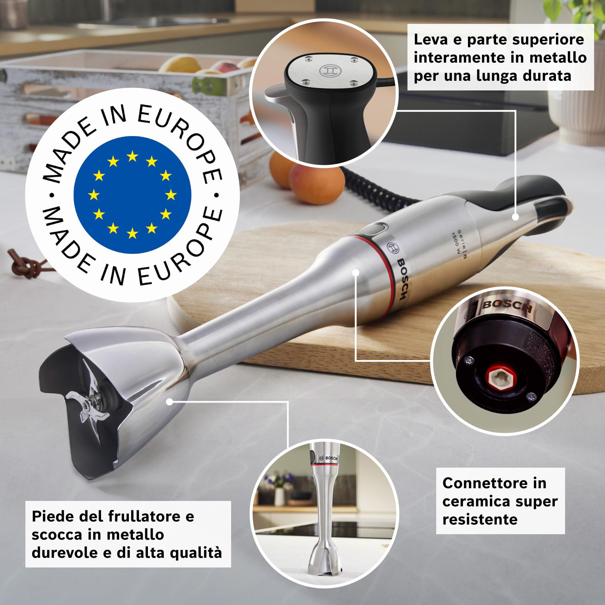 Bosch Serie 8 Frullatore a Immersione ErgoMaster MSM8M930, Potente Motore da 1500 Watt, Regolazione Dinamica della Velocità, Coltello a 6 Lame in Acciaio Inox, Accessori Inclusi, Acciaio Inossidabile