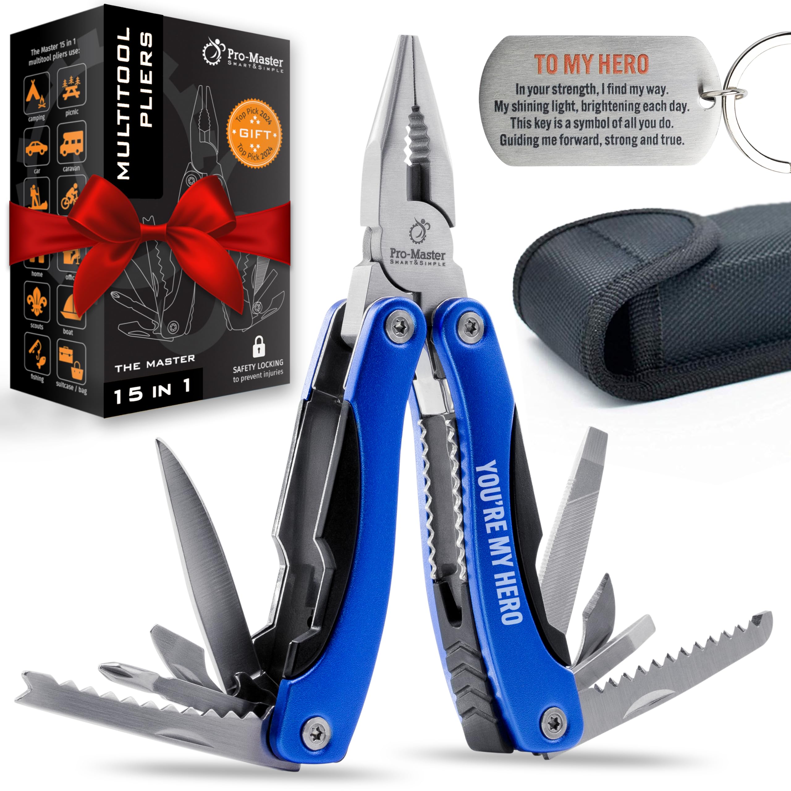 YOU ARE MY HERO Engraved 15-in-1 Multitool & Keychain Set, Stainless Steel Locking EDC Gear, Practical Gifts for Men, Dad, Husband, Son, Brother,