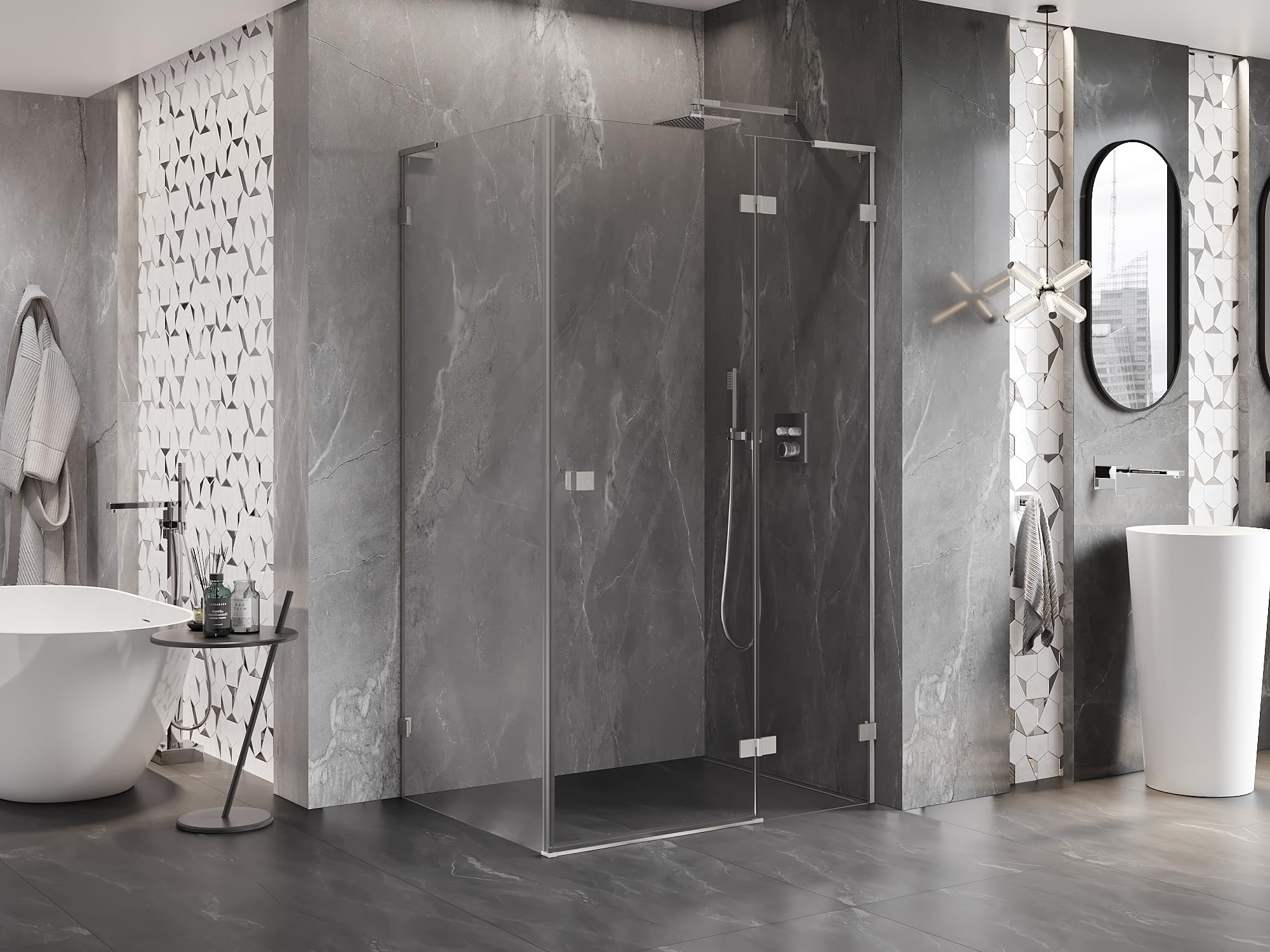 Mexen Lunar L Box Doccia Destra con Porta Battente 85x90 Trasparente Nichel Spazzolato