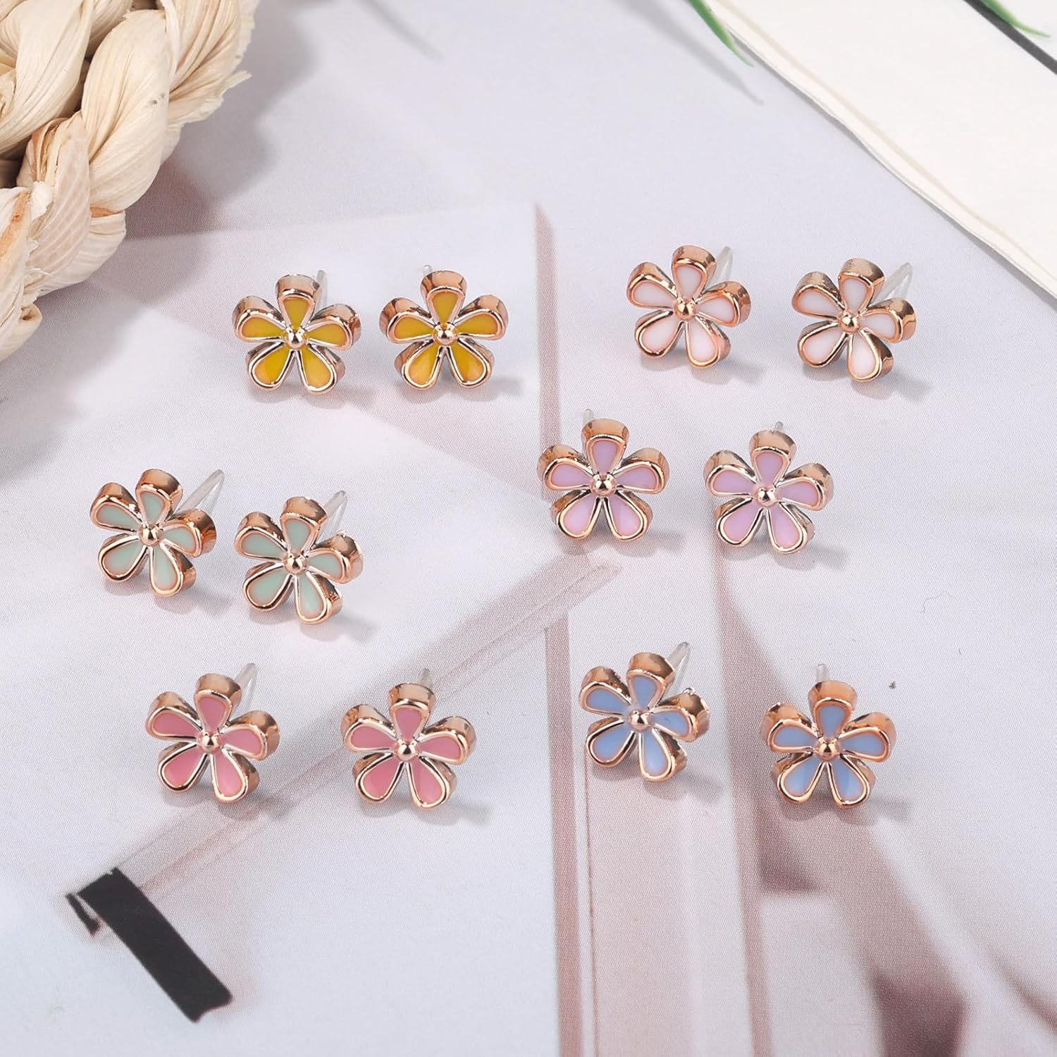 6 Pairs Plastic Flower Earrings, 0.3 Inch Diameter Colorful Plum Blossom Earrings Cute Floral Post Stud Earring with Transparent Ear Plug Gift Jewelry for Women Girl Kids - Image 3