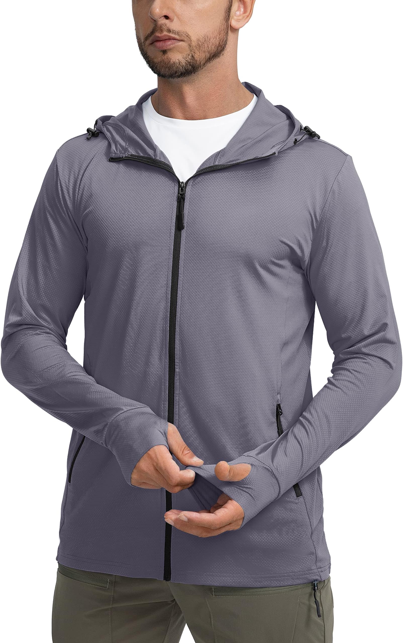 Men's UPF 50+ Light Jacket Full Zip Sun Protection Hoodie Long Sleeve Sun Shirts for Men Hiking Fishing Zip Pockets