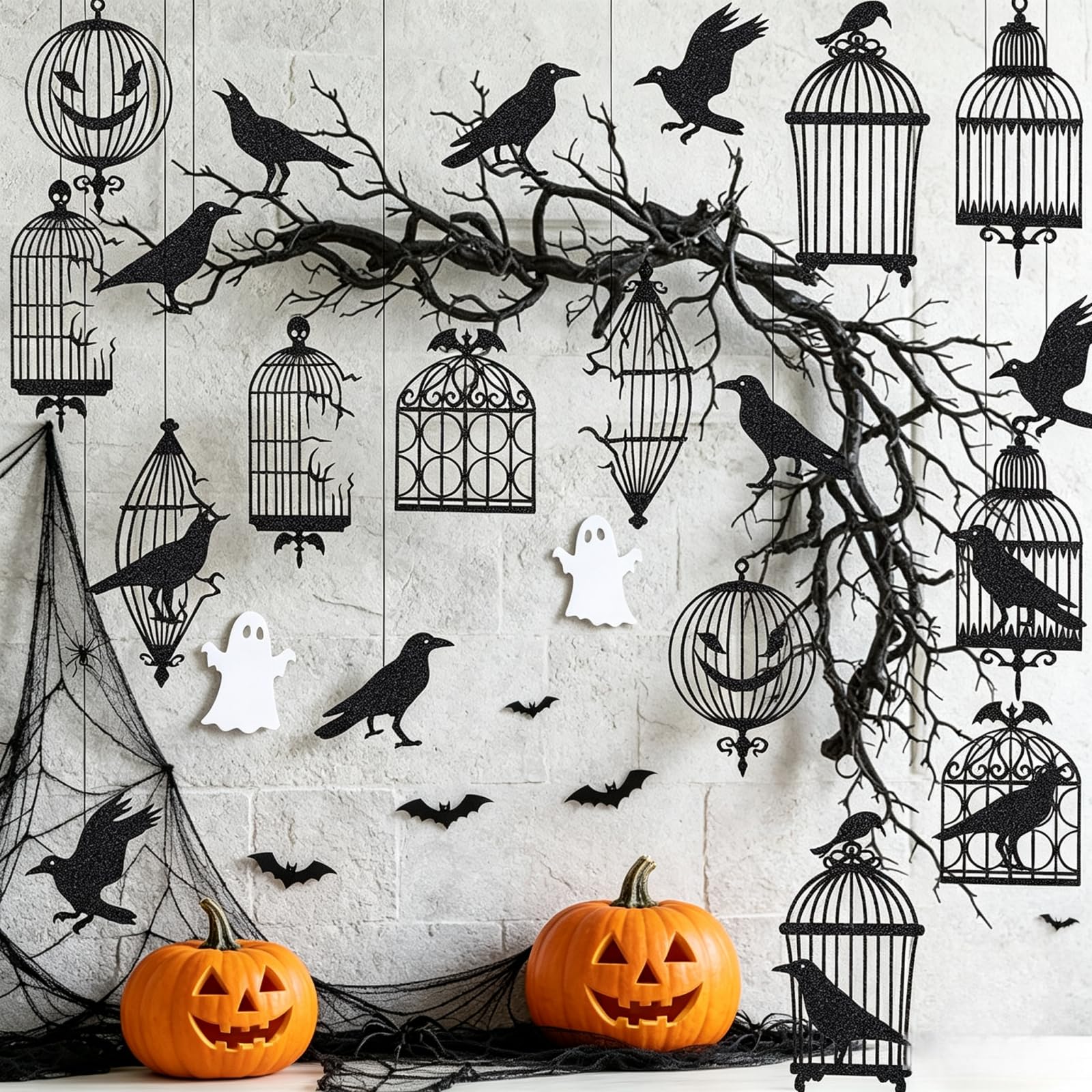 24pcs Halloween Decorations Hanging Black Crow Cage Gothic Home Decor Party