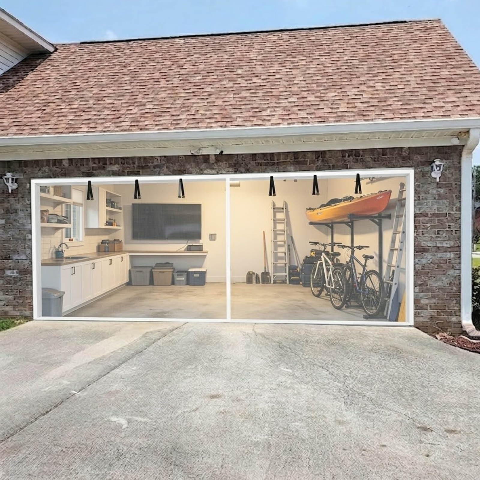 Voirda White Garage Insect-Proof Door Screen, Heavy Duty Fiberglass Magnetic Fly Screen Mesh, 215X245cm-558X248cm No Drill Hands Free Anti Mosquito Divider Screen For Patio Conservatory(,250X260cm(Wxh))