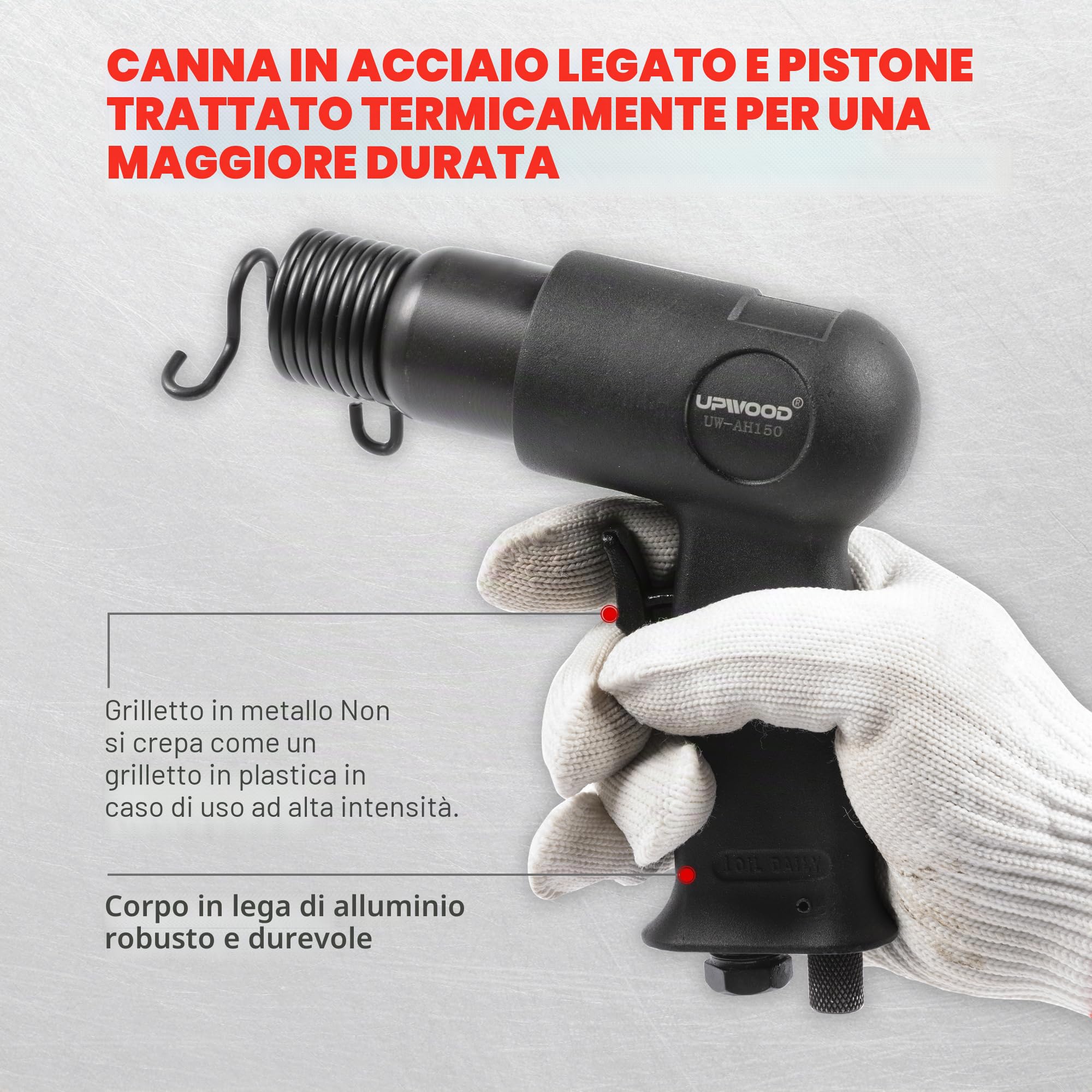 UW-AH150 Kit di martello pneumatico a canna corta con fermo a cambio rapido e 4 scalpelli, corsa 1-5/8 di pollice, 4500 BPM, peso ridotto