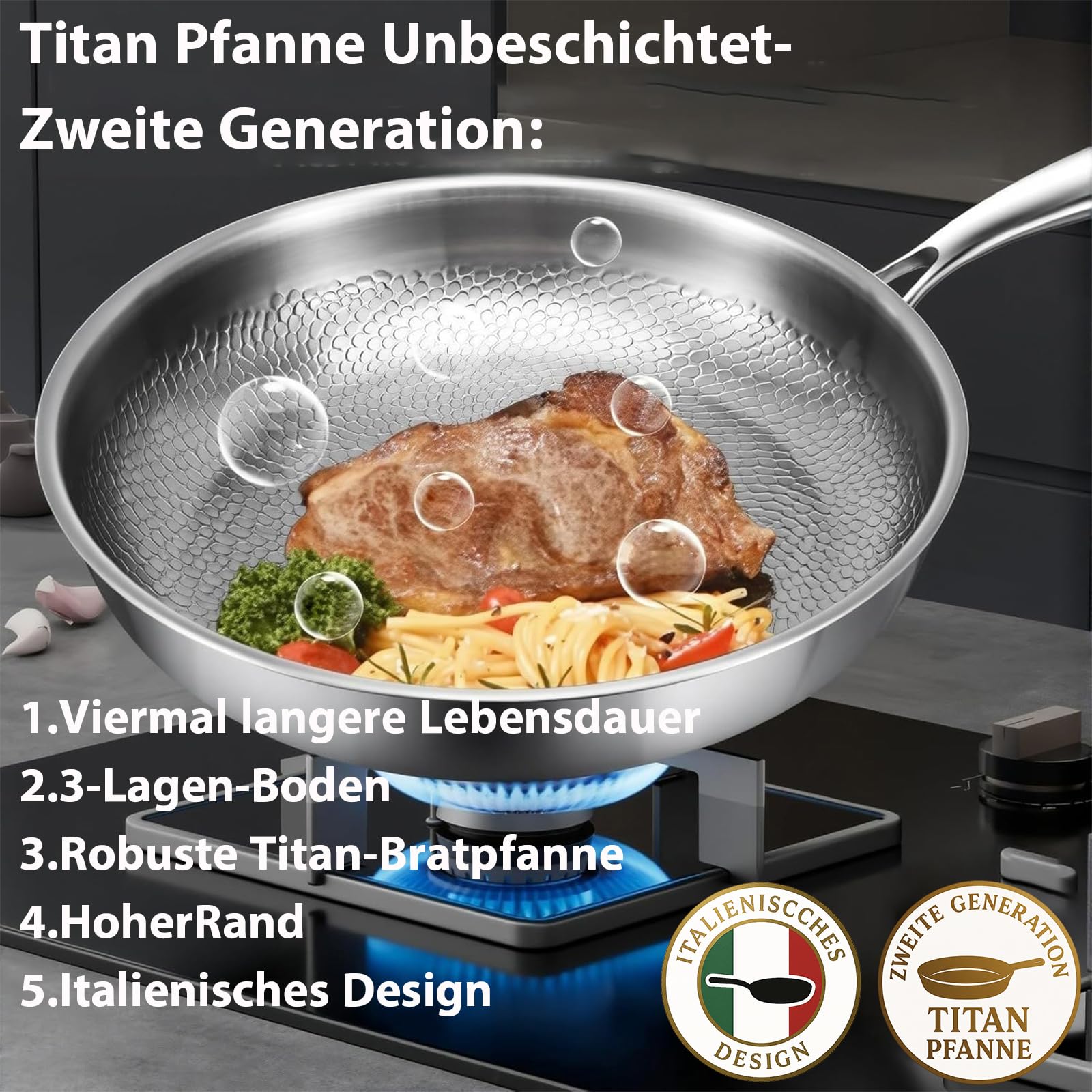 Titan Pfanne, Unbeschichtet Titan Pro Bratpfanne mit Abnehmbarem Griff, Professionelle Titanpfanne für Induktion Gas Elektro, 20/24/26/28/30 cm (Ohne Deckel, 24 cm)