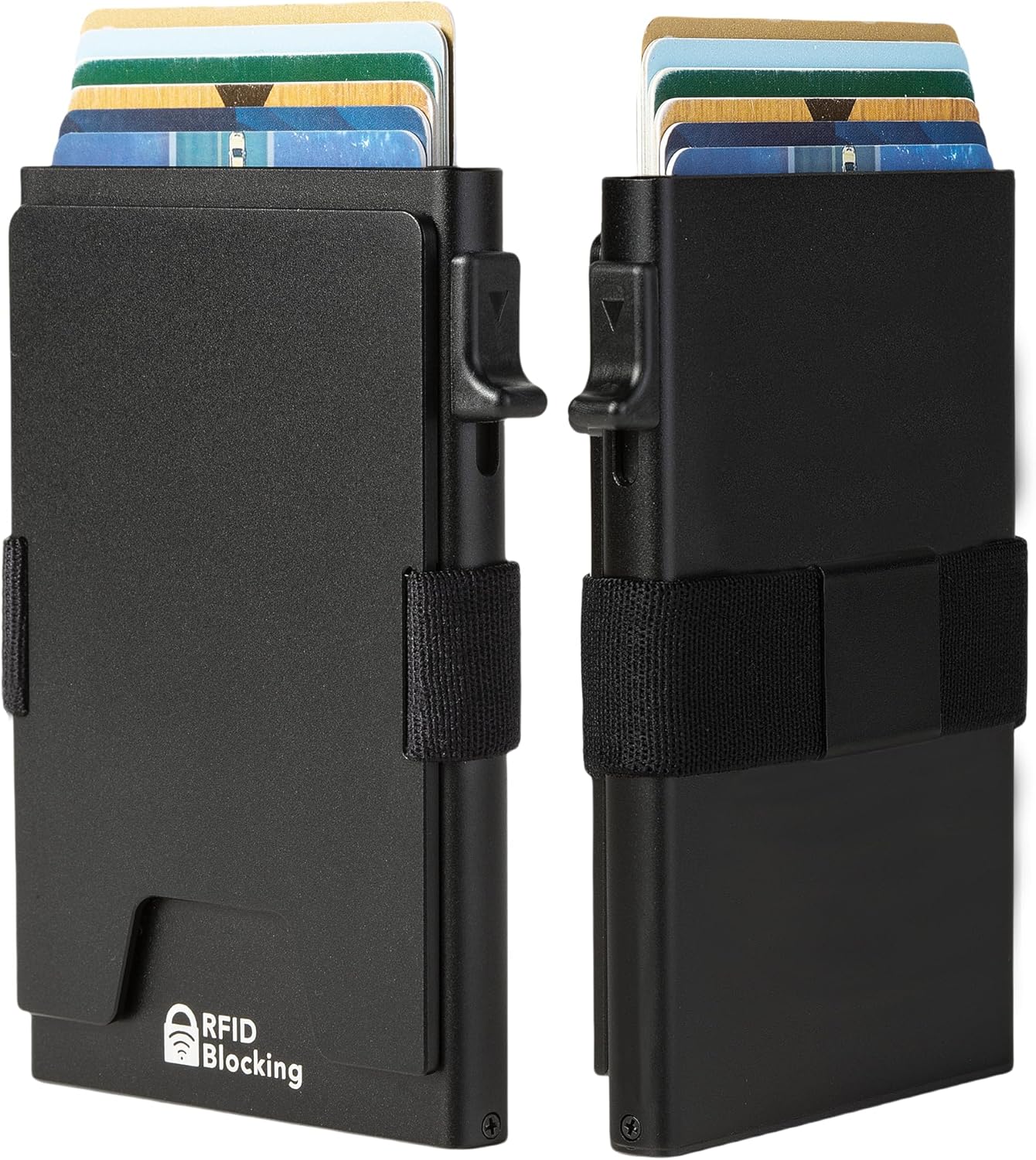 Minimalist Mens Card Holder Wallet, RFID Blocking Slim Smart Pop Up Aluminum Wallet,Holds 12+ Cards,Expandable Compact Plate,Cash Strap/Money Clip (Black)