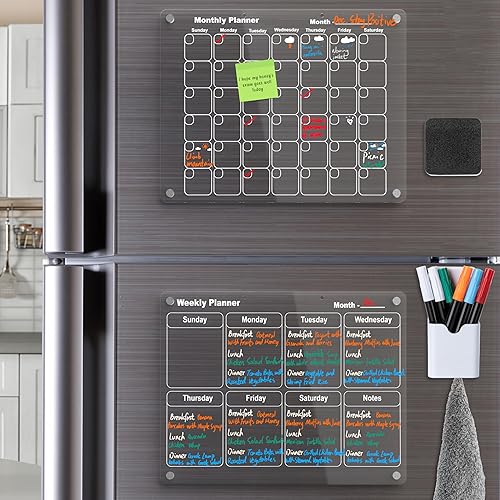 Calendario magnético acrílico para refrigerador, pizarra blanca de borrado en seco, calendario de pared y refrigerador con 5 marcadores de color y