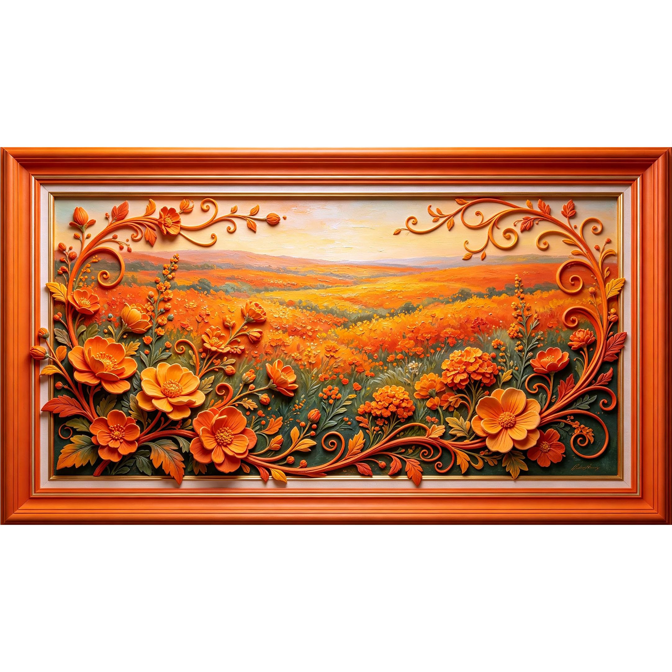QZLITHOTIC 50×90cm3D Framed Wall Art， Orange Botanical Floral Landscape Mural， Water?Activated Peel & Stick Fabric Decor Wall Decal for Bedroom Living Room