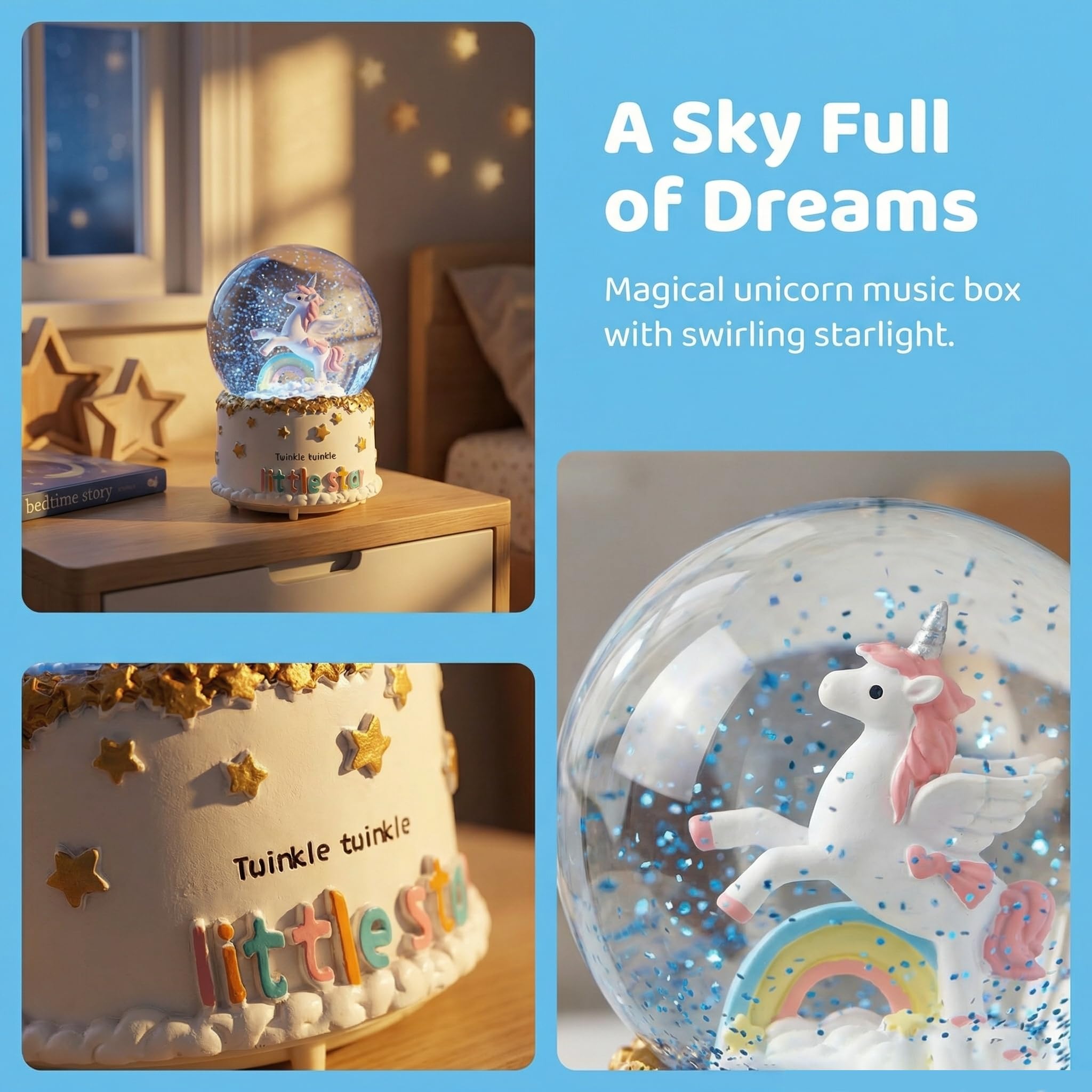 Boule à neige licorne avec musique, boules à neige pour filles et enfants, boule à neige à changement de couleur pour Noël, anniversaire, Saint-Valentin (licorne-arc-en-ciel)