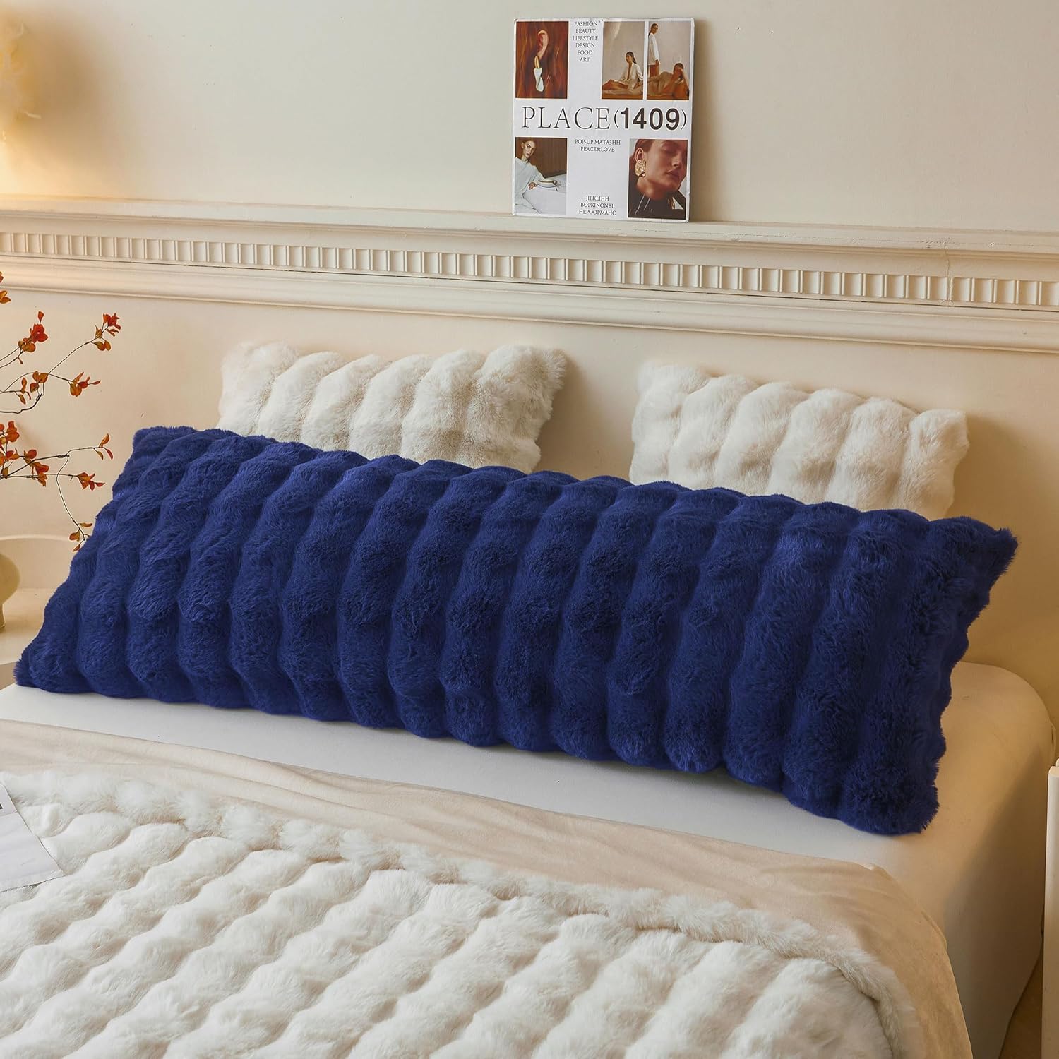 liferevo fluffy faux rabbit fur body pillow cover, luxury bubble waffle shaggy plush bed pillowcase with zipper closure, royal long 20"x54" fuzzy furry pillow case for adults kids girls, navy blue 54" x 20" (pack of 1) navy blue