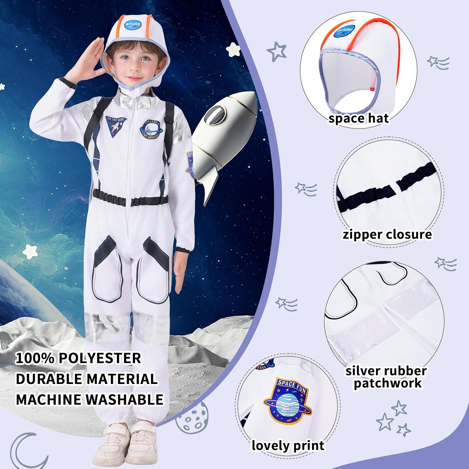 LOLANTA Astronaut Costume for Kids Space Suit Dress Up Outfit Jumpsuit Airplane Rocket Spacesuit with Helmet Backpack - Image 3