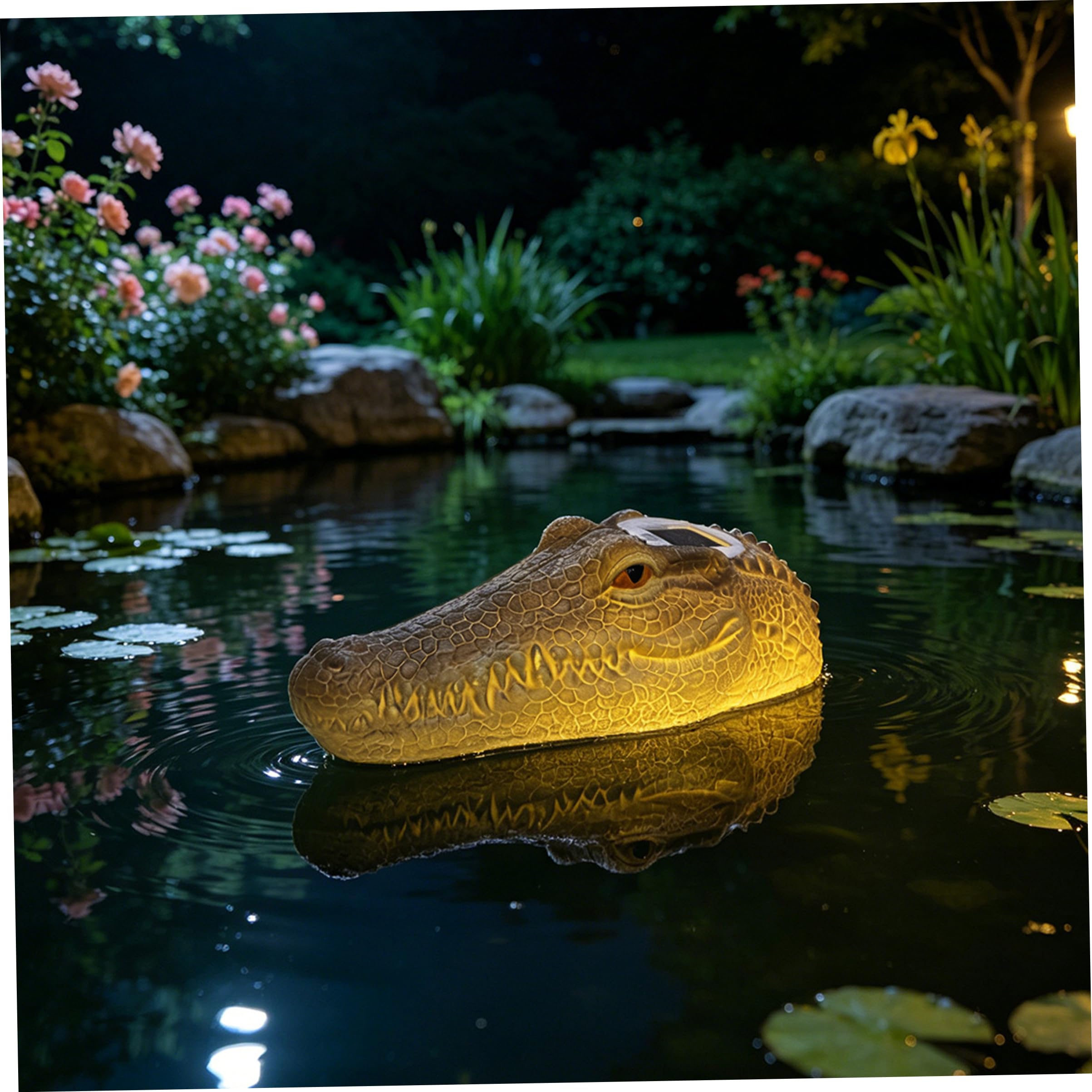 Testa di alligatore a LED solare, laghetto galleggiante e statua da giardino con decorazioni per piscina.