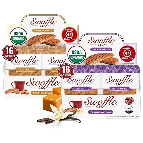 Swoffle - Stroopwafels orgánicos certificados sin gluten - Relleno de caramelo y vainilla francesa (2) estuches, (16) de cada sabor Obleas de 1.16