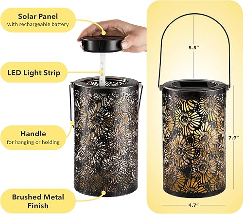 Miniatura 7 de Paquete de 2 faroles solares colgantes para exteriores, crisantemo dinámico 3D, linterna decorativa de metal ahuecada, luz LED impermeable para